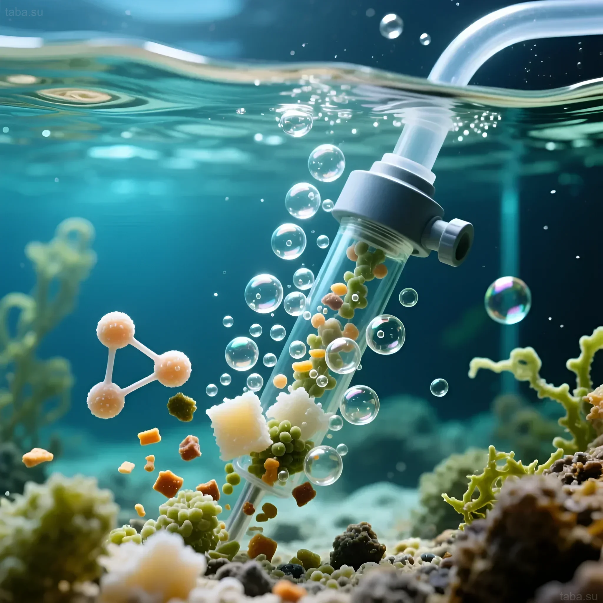 Illustration der Funktionsweise eines Abschäumers in einem Meerwasseraquarium: Entfernung organischer Abfälle und Aufrechterhaltung der Wasserreinheit für ein gesundes Ökosystem.