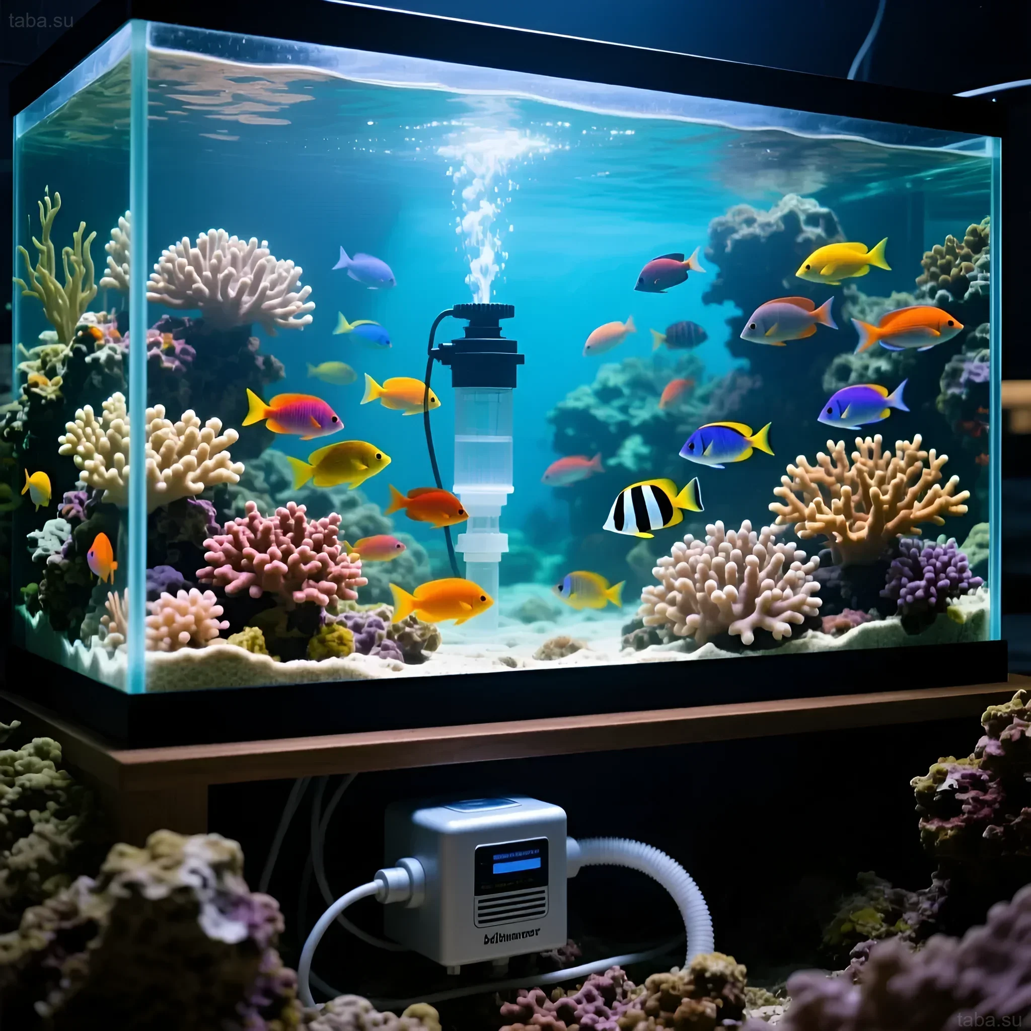 Фотография яркого морского аквариума с кораллами, рыбами и работающим флотатором. Иллюстрация эффективной фильтрации и поддержания биологического баланса.