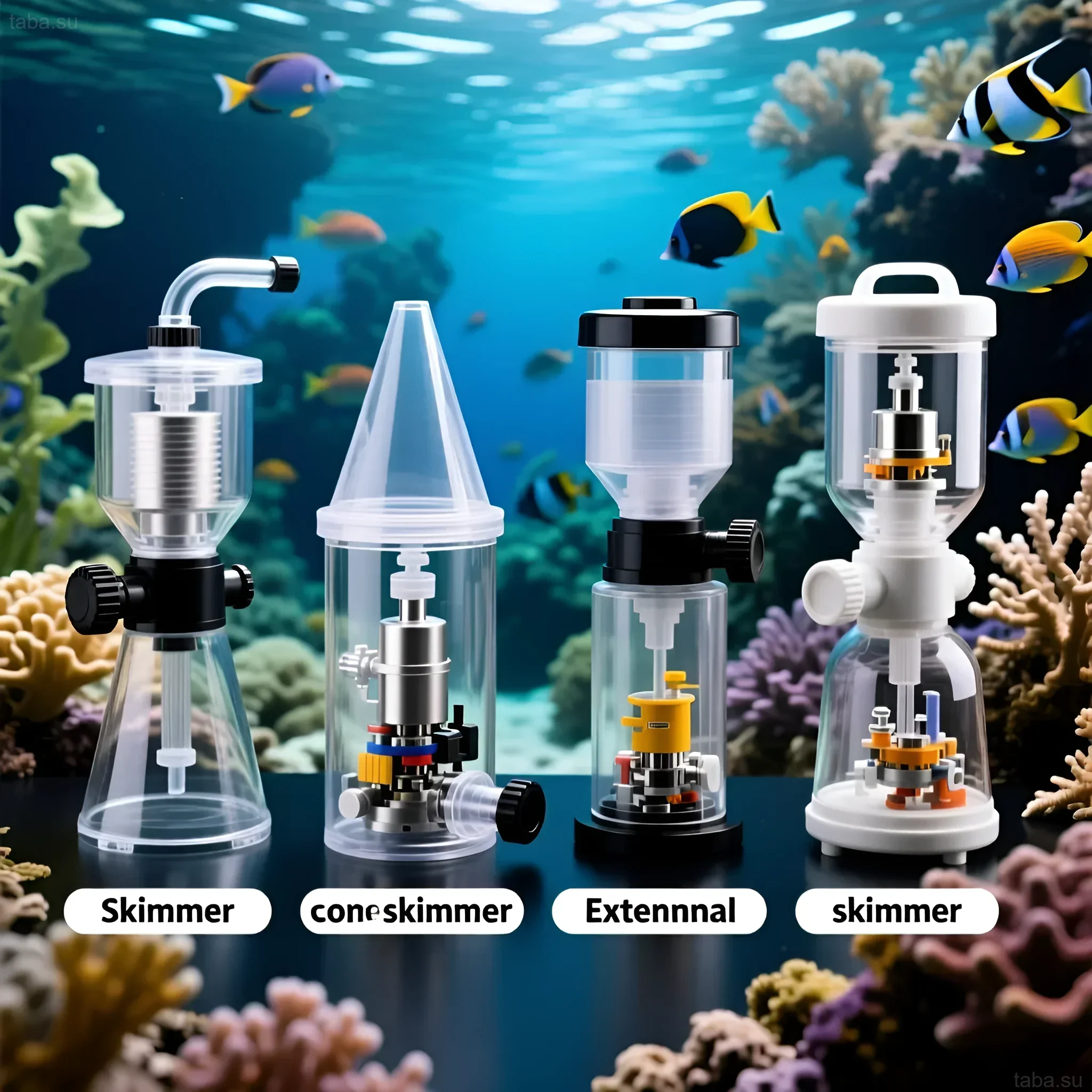 Illustration verschiedener Abschäumer-Typen für Meerwasseraquarien: konische, erweiterte und Standardmodelle, die eine effektive Filtration gewährleisten.