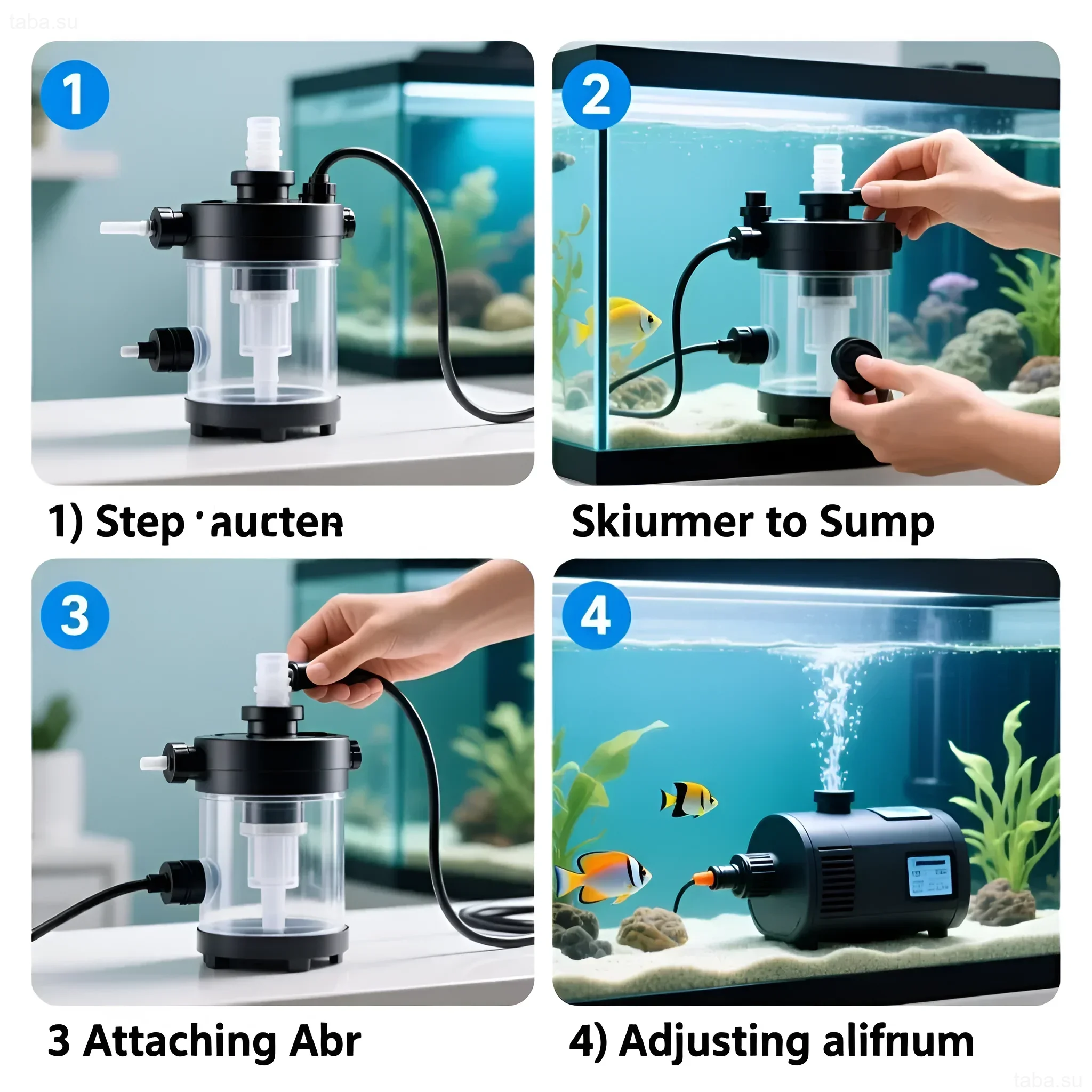 Illustration des Installationsprozesses eines Abschäumers in einem Meerwasseraquarium: Anschluss, Befestigung und Einstellung für effektive Filtration und Aufrechterhaltung der Wasserreinheit.