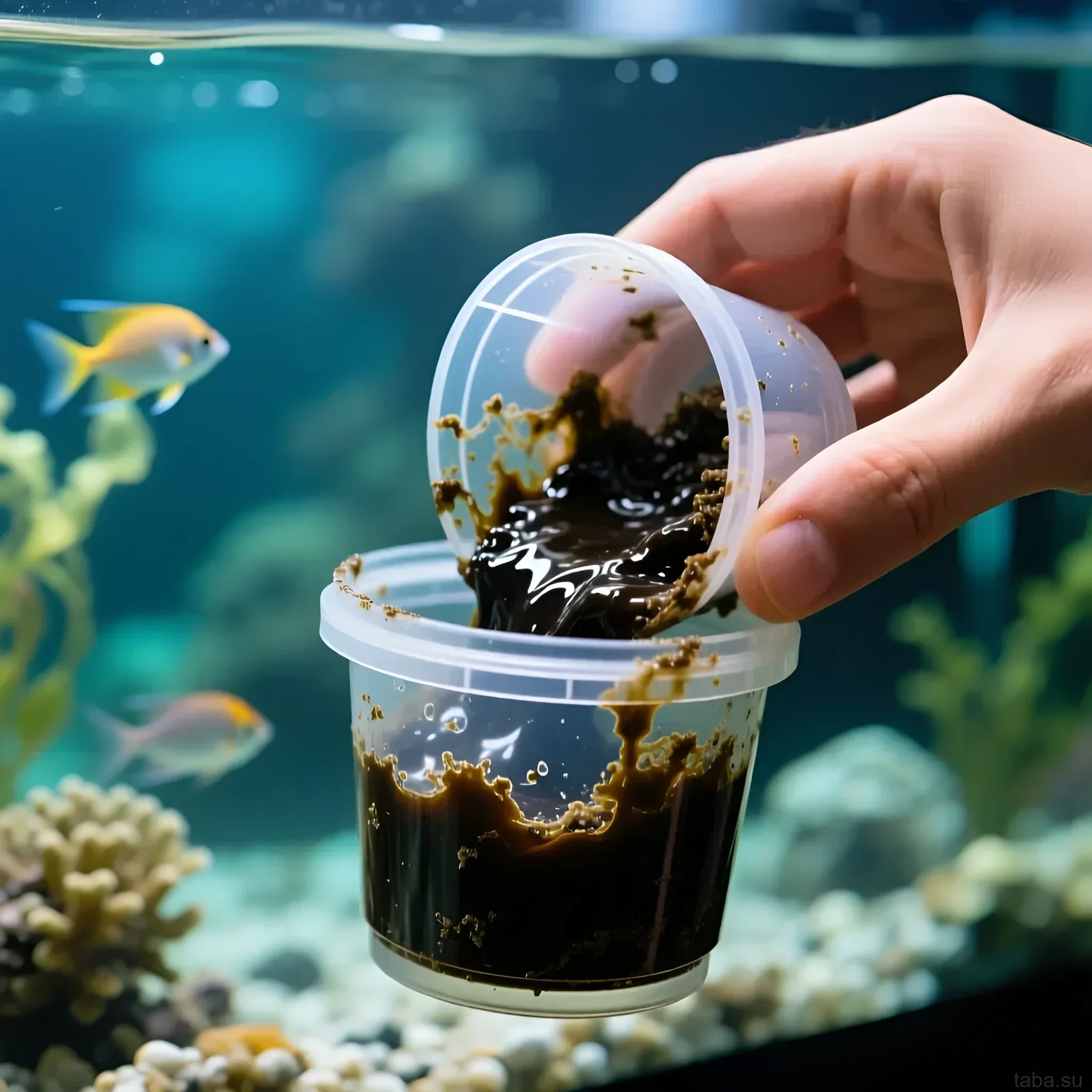Foto des Sammelns einer dichten braunen Masse aus dem Abschäumerbehälter eines Meerwasseraquariums, das die Filtrationseffizienz und die Aufrechterhaltung der Reinheit zeigt.