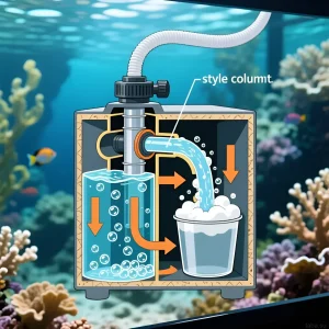 Схема работы пенника для морского аквариума: удаление органических отходов, обогащение воды кислородом и поддержание чистоты экосистемы.