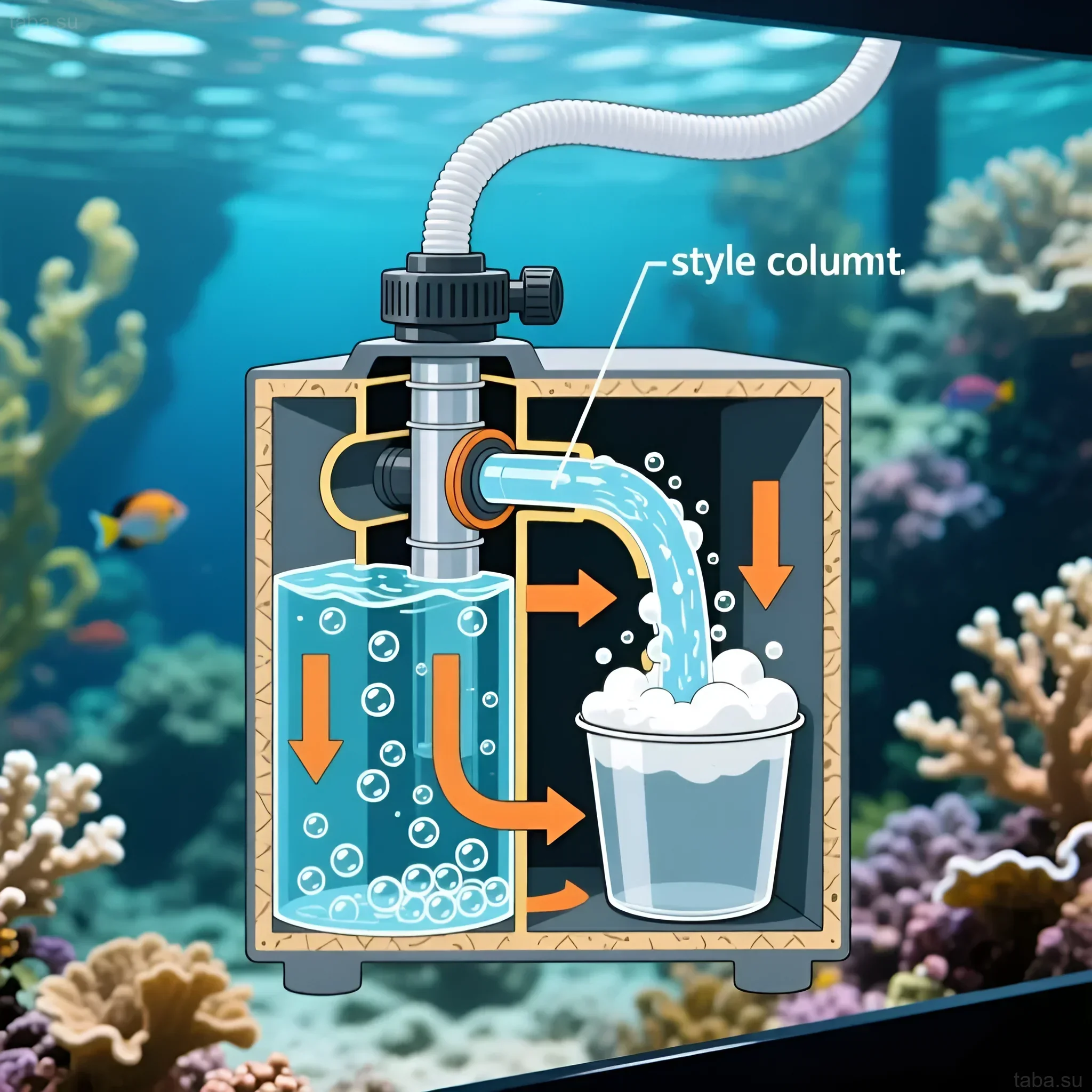 Schema der Funktionsweise eines Abschäumers für Meerwasseraquarien: Entfernung organischer Abfälle, Anreicherung des Wassers mit Sauerstoff und Aufrechterhaltung der Reinheit des Ökosystems.