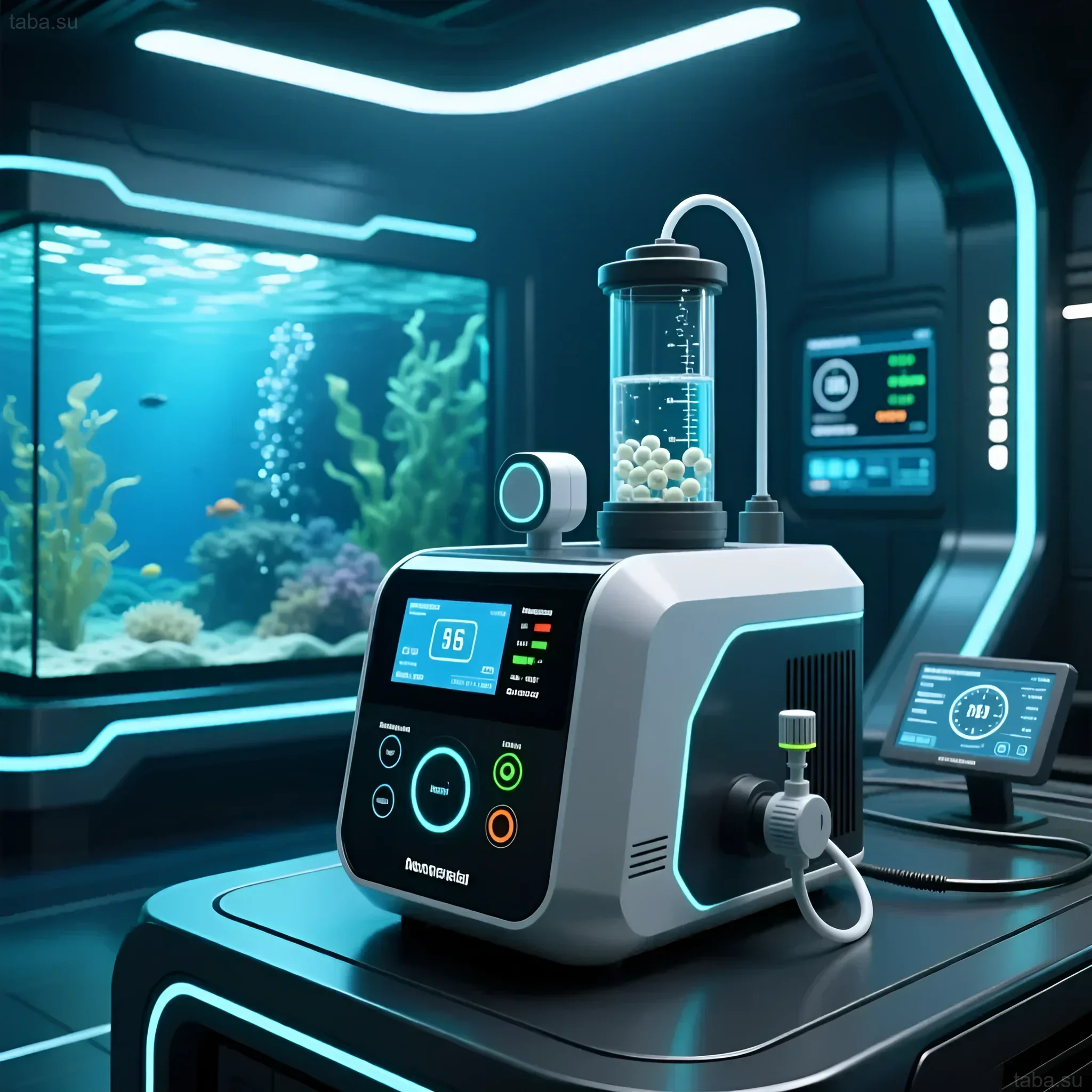Bild eines futuristischen Meerwasseraquariums mit einem Abschäumer, das fortschrittliche Filtrationstechnologien und die Aufrechterhaltung der Wasserreinheit demonstriert.