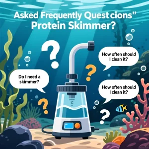 Иллюстрация пенника для морского аквариума, окруженного вопросами о его необходимости и обслуживании. Полезно для начинающих аквариумистов.