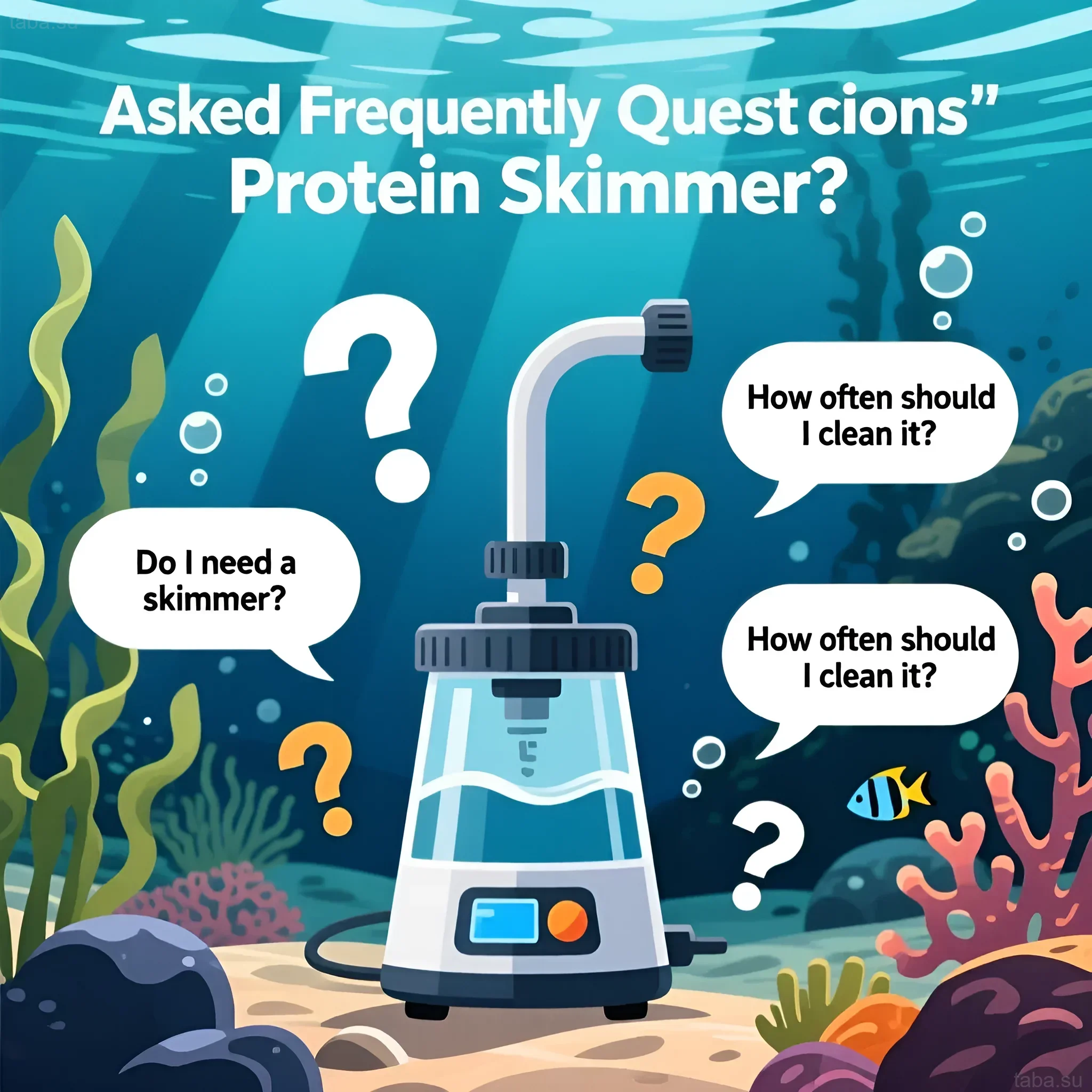 Illustration eines Meerwasseraquarium-Abschäumers, umgeben von Fragen zu seiner Notwendigkeit und Wartung. Nützlich für Anfänger-Aquarianer.