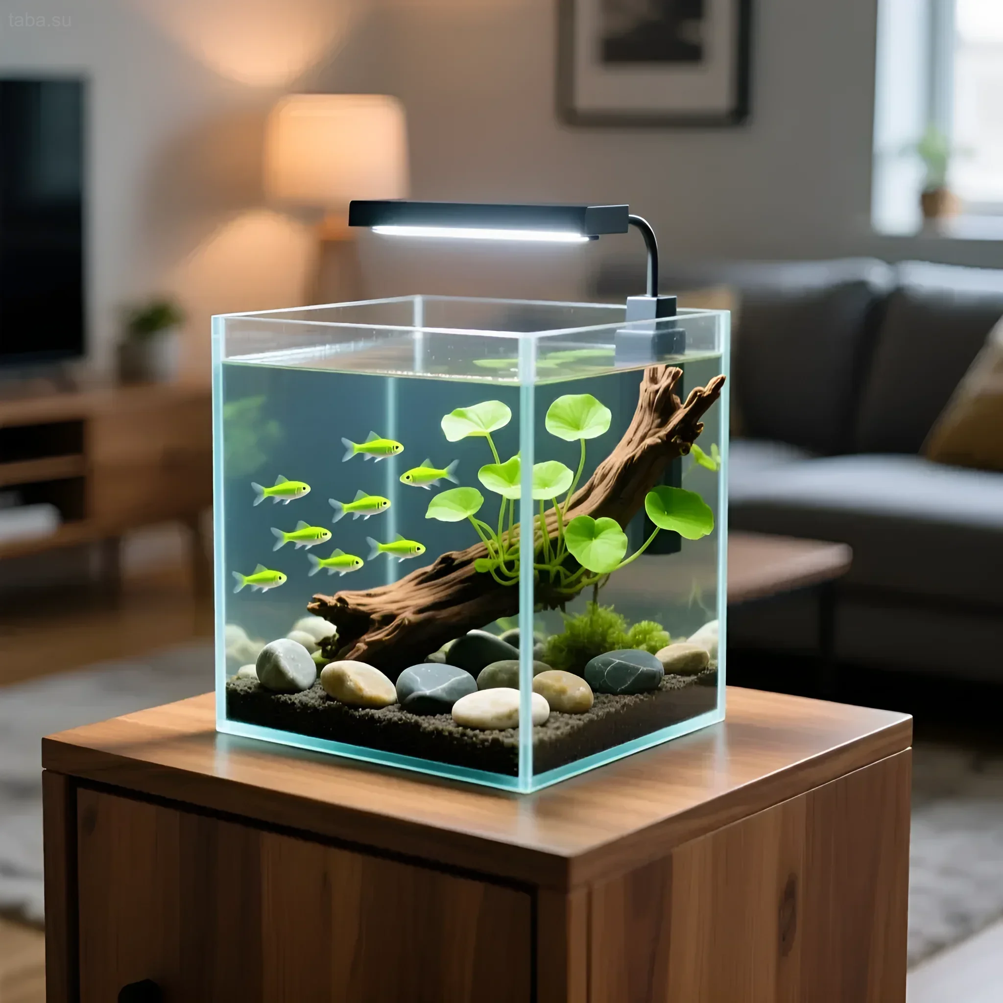 Стильный аквариум-куб с яркими неоновыми тетрами и живыми растениями, идеальный для домашнего интерьера и начинающих аквариумистов.