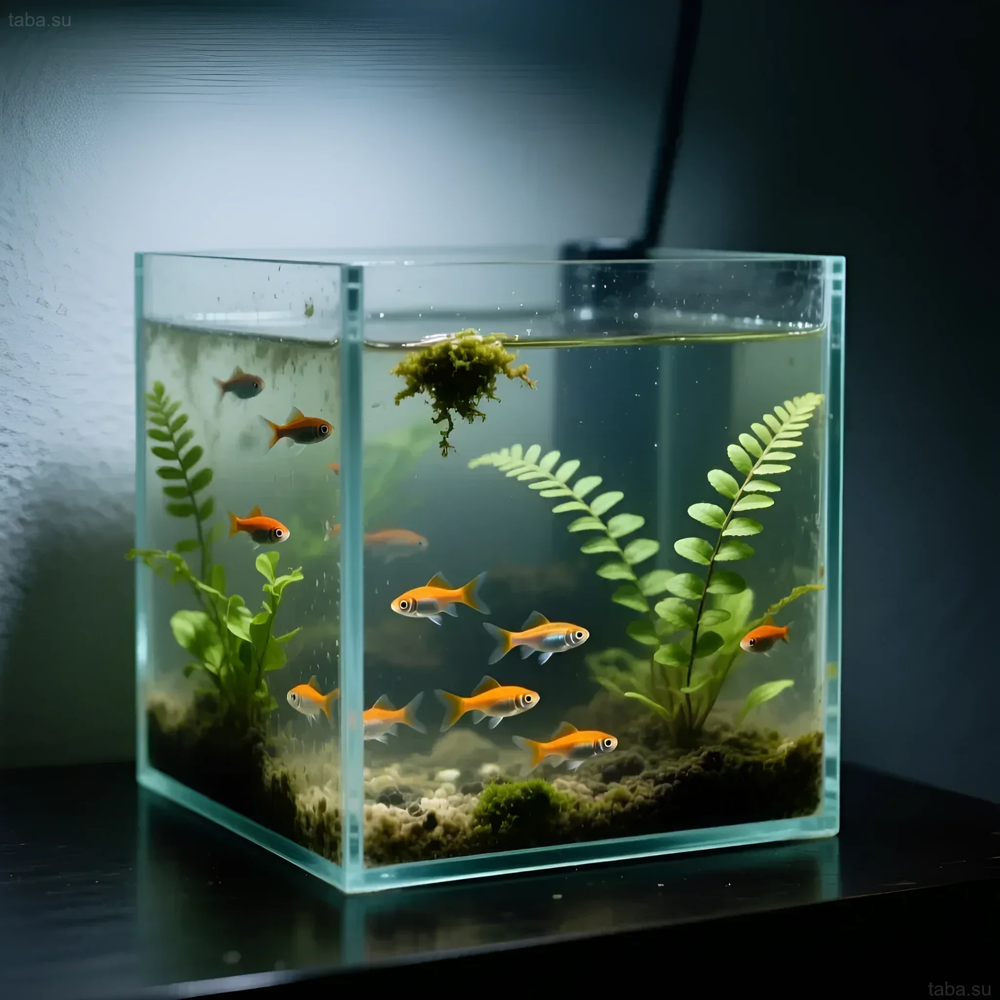 Фотография небольшого аквариума-куба с яркими оранжевыми рыбками и зелёными растениями. Идеально для начинающих аквариумистов и ограниченного пространства.
