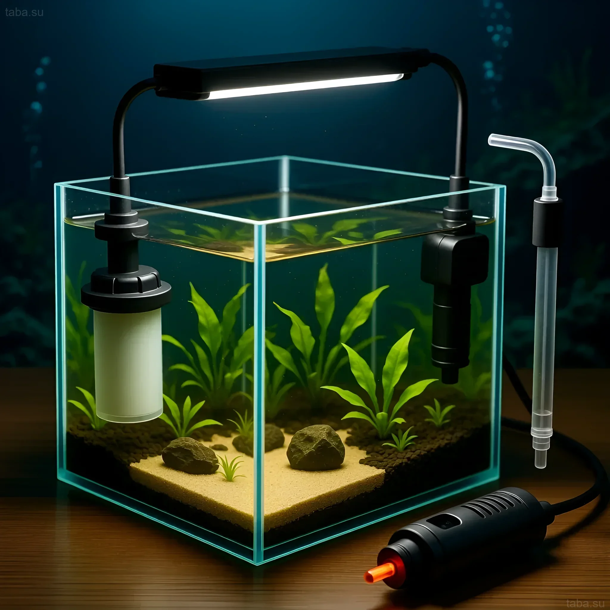 Изображение современного аквариума-куба с фильтром, освещением и сифоном для грунта. Подходит для содержания небольших рыбок и растений.