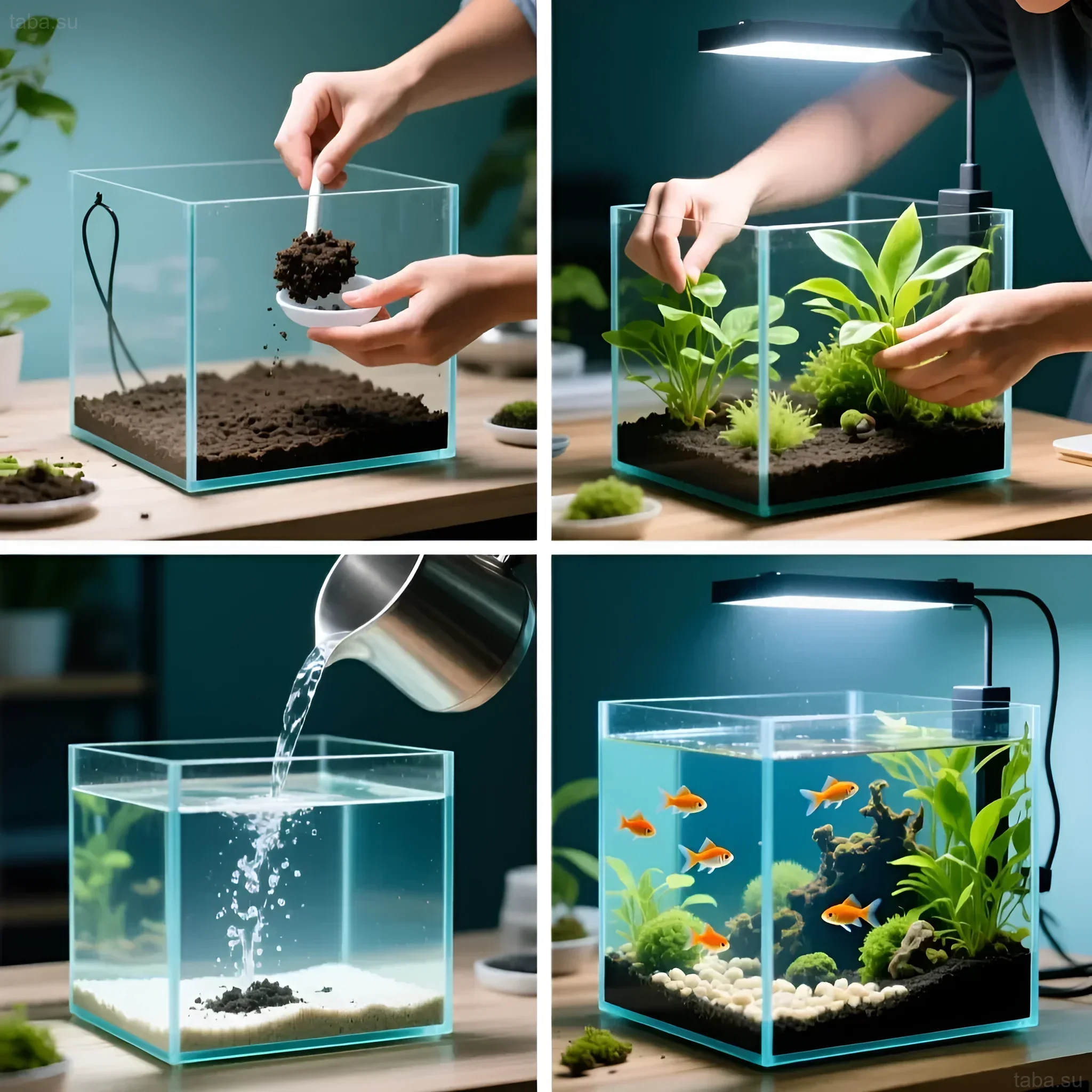 Пошаговое создание аквариума-куба: засыпка грунта, посадка растений, запуск воды и заселение рыбками. Идеально для новичков!
