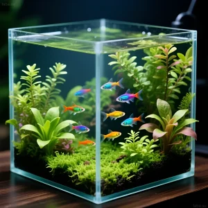 Фотография аквариума-куба с неоновыми рыбками и густой растительностью. Идеальный пример компактного и красивого аквариума для дома или офиса.