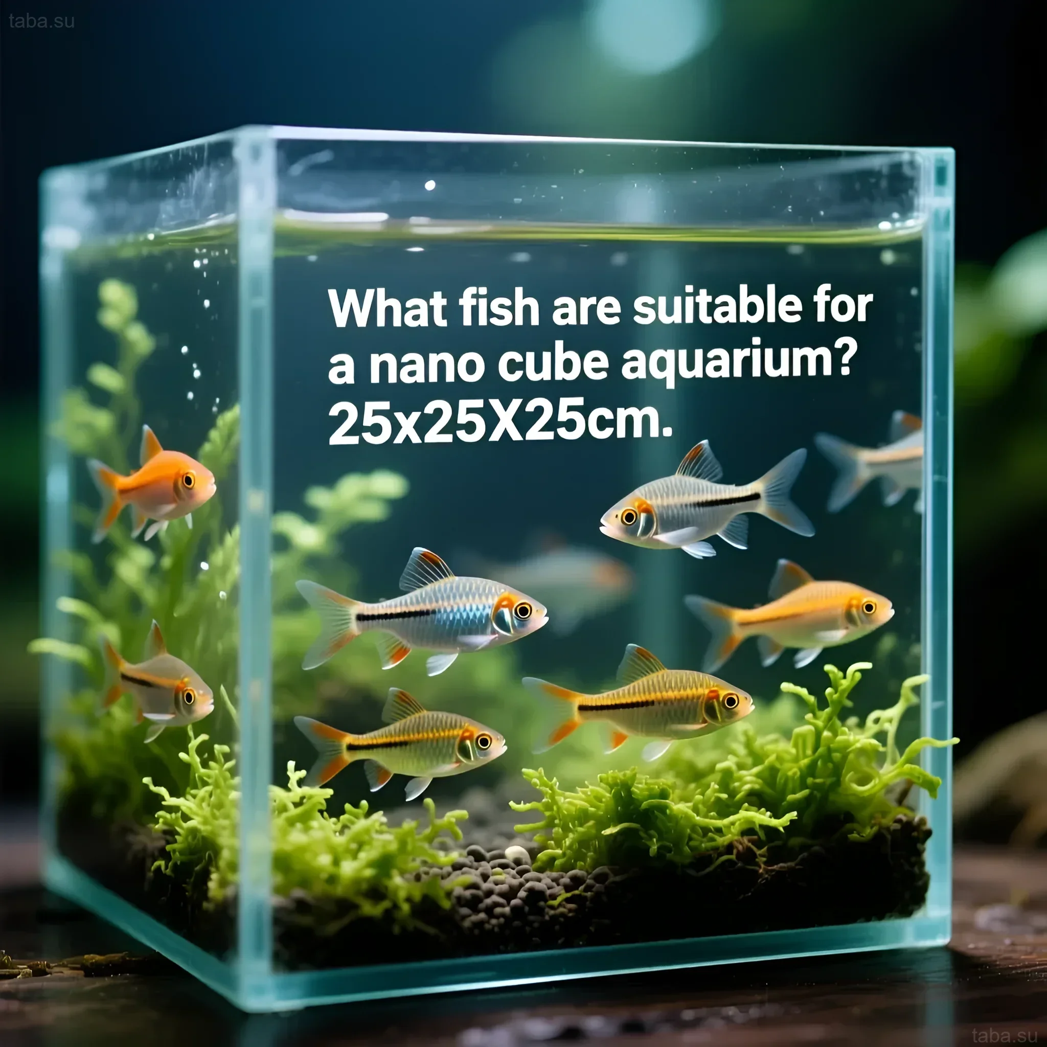 Изображение аквариума-куба 25x25x25 см с яркими барбусами и густой растительностью, демонстрирующее возможности нано-аквариумистики.