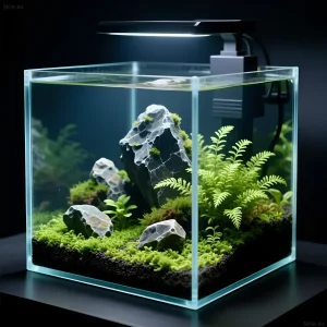 Изображение аквариума-куба с мхом, камнями и растениями, создающее эффект горного ландшафта. Идеально для нано-аквариумов.
