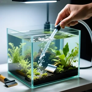 Изображение аквариума-куба в процессе сифонки грунта. Поддержание чистоты в нано-аквариуме, уход за растениями и экосистемой.