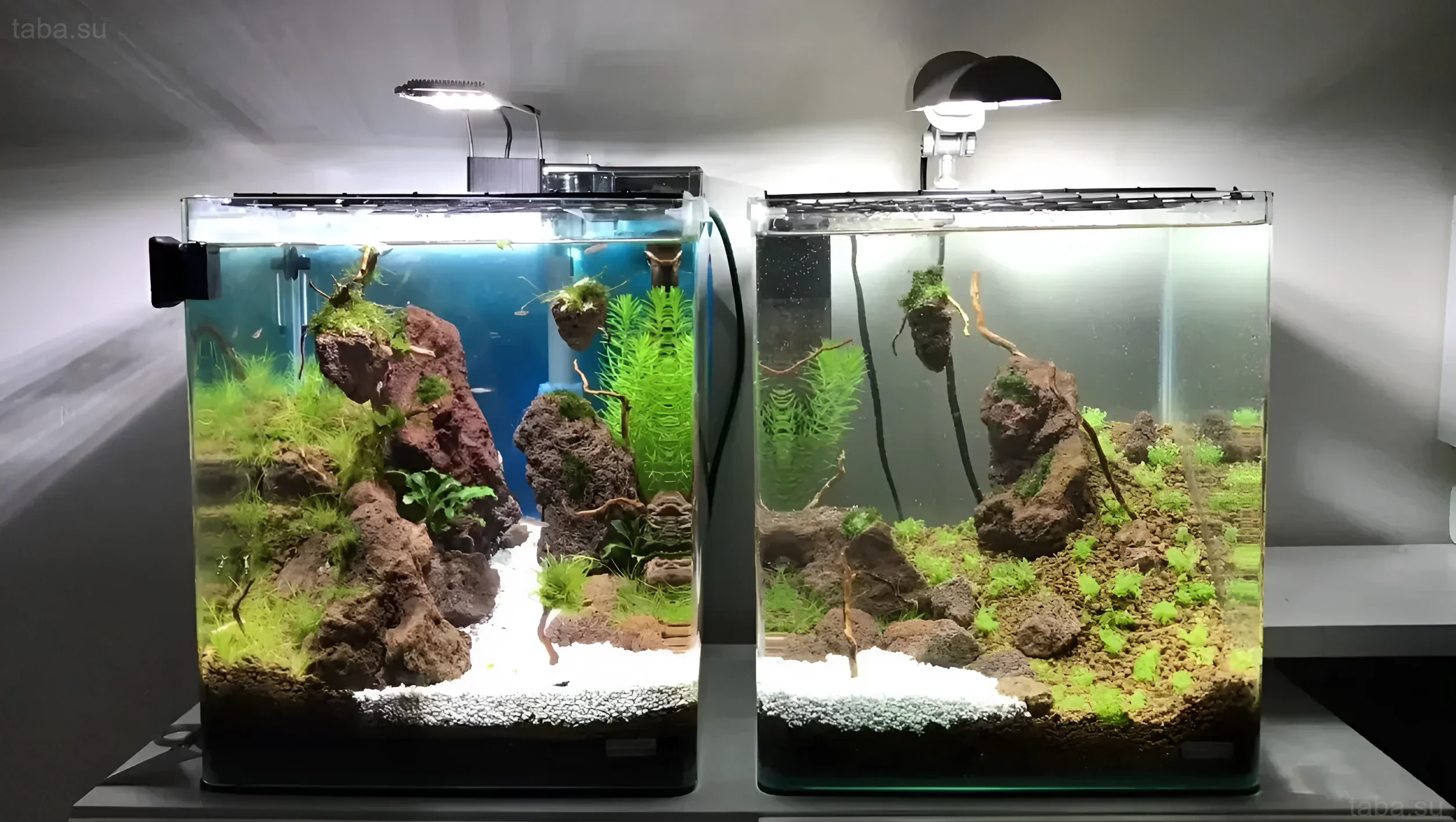 Изображение двух аквариумов-кубов с натуральным оформлением, камнями и растениями, демонстрирующее эстетику нано-аквариумистики.