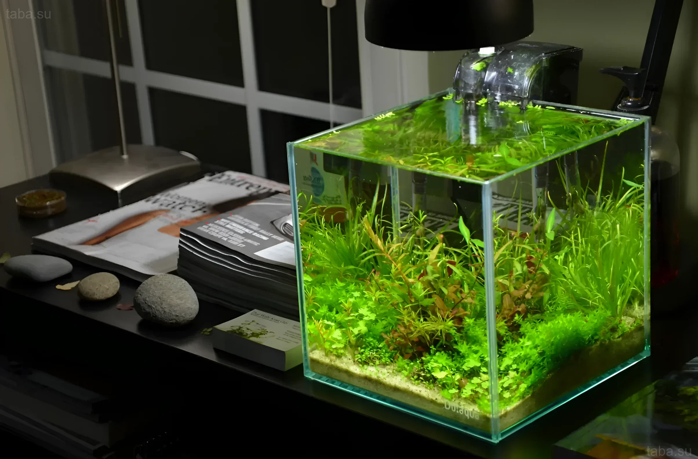 Яркий нано-аквариум кубической формы, густо засаженный зелеными растениями, создает эффект природного уголка в интерьере.