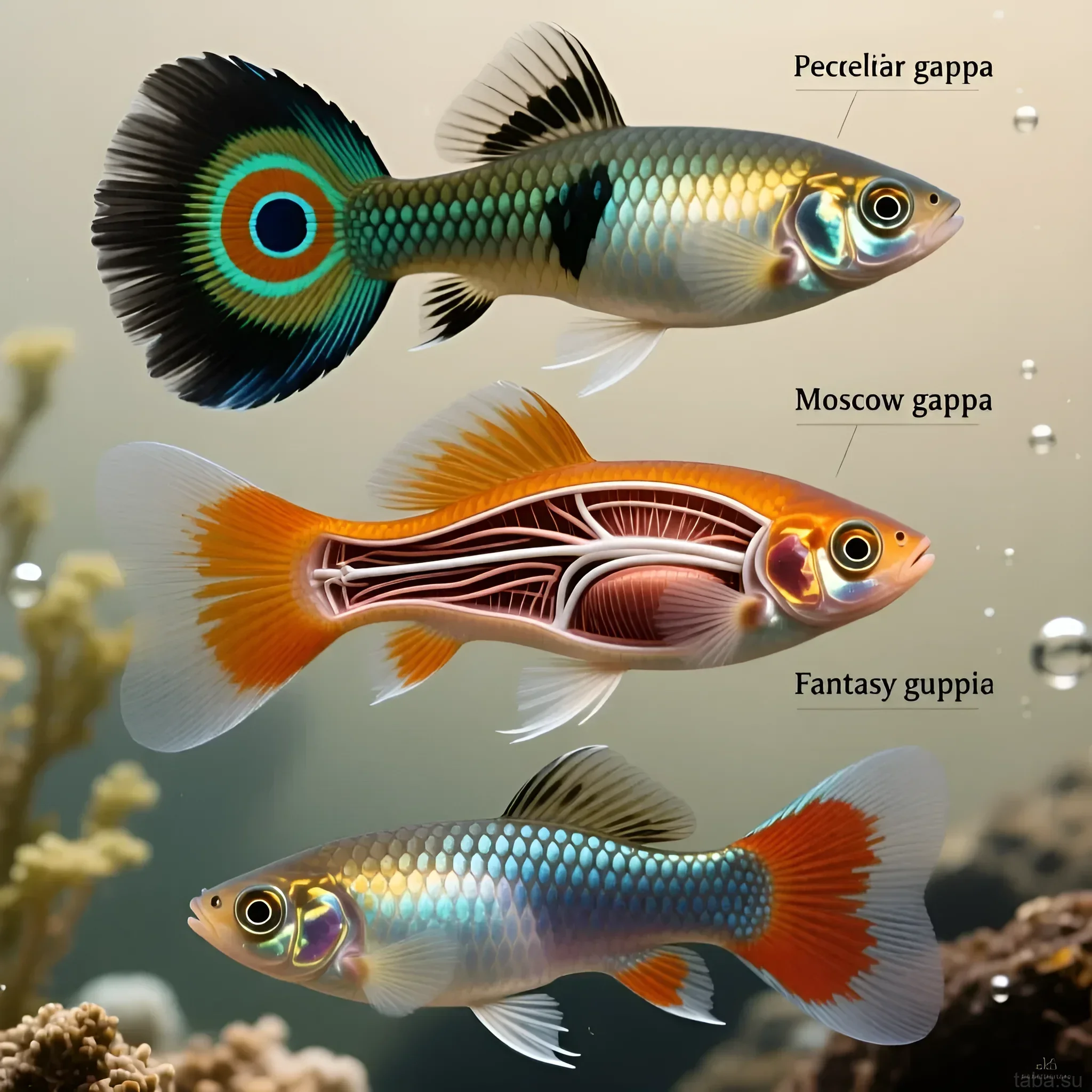 Photograph of three brightly colored guppies: Peceliar gappa, Moscow gappa, and Fantasy guppia. Illustration for an article on guppy care.