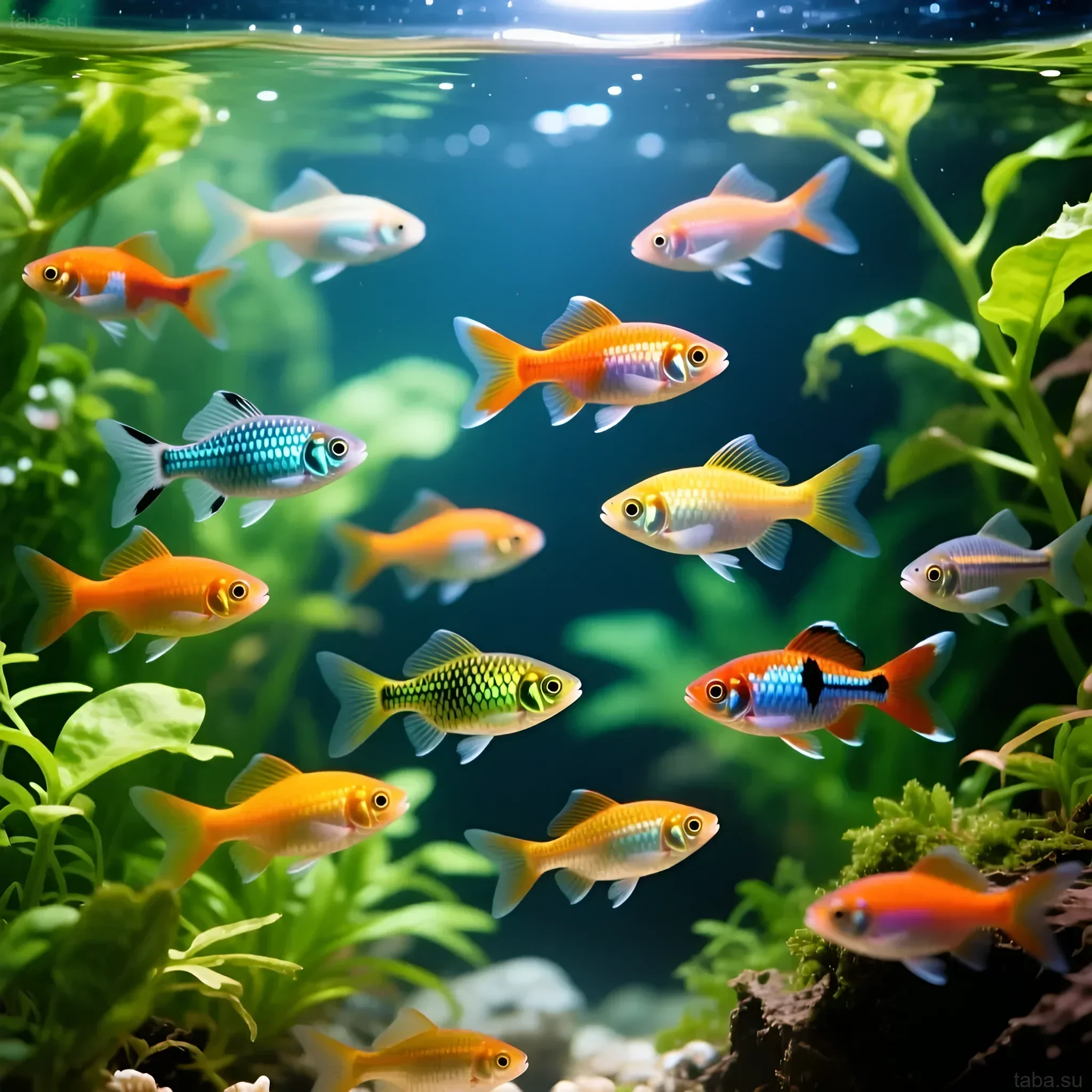 Красочный аквариум с гуппи разных окрасов, плавающих среди зеленых растений. Идеально для начинающих аквариумистов и любителей ярких рыбок.