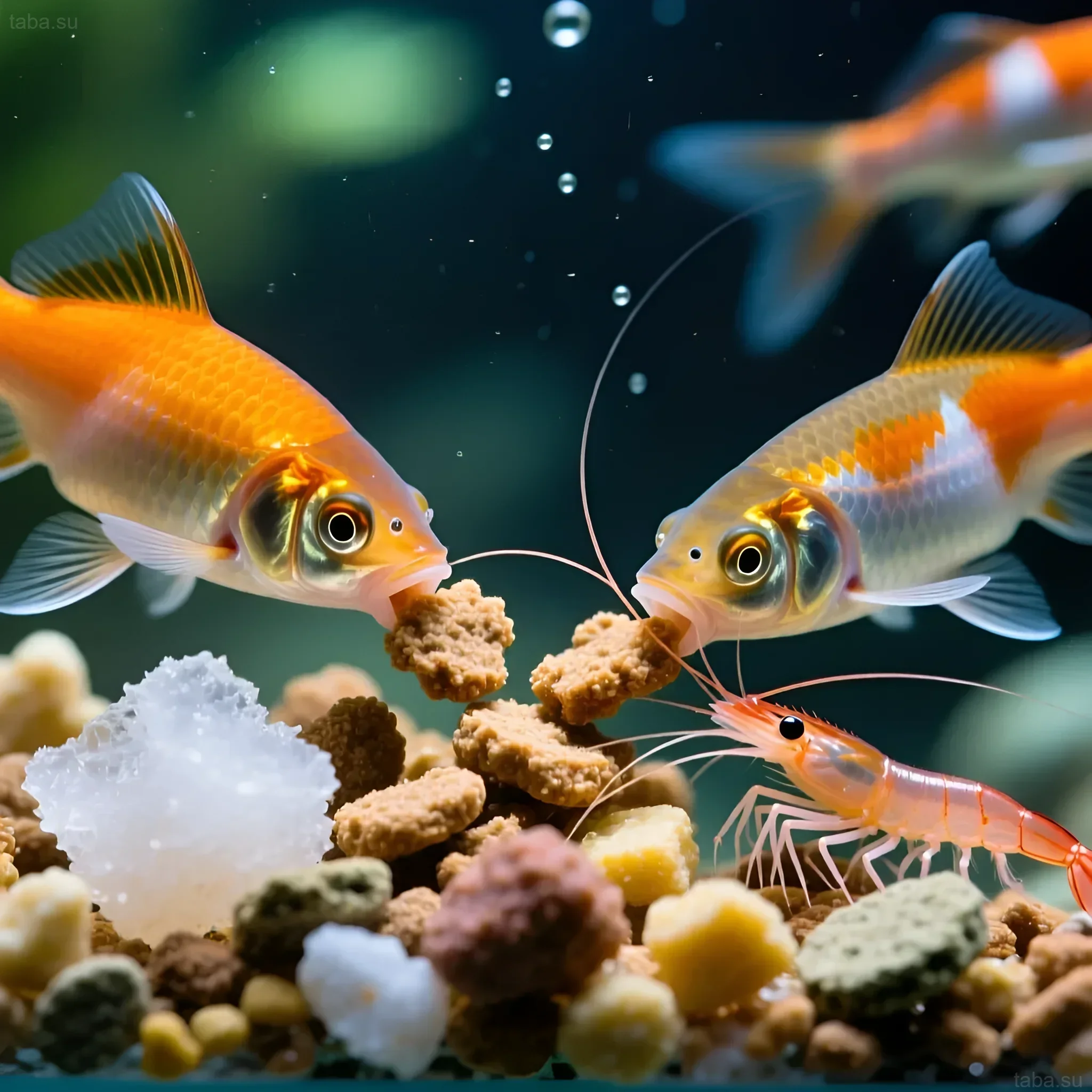 Photograph of two guppies eating food near a filter shrimp in an aquarium. Ideal for an article on feeding guppies and keeping aquarium fish.