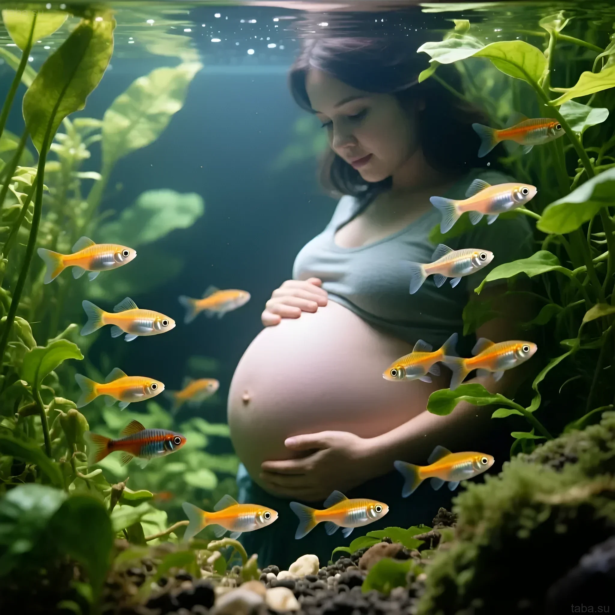 Photograph of a pregnant woman in an aquarium with guppies. Symbolizes new life and the beauty of the underwater world. Ideal for articles about guppies.