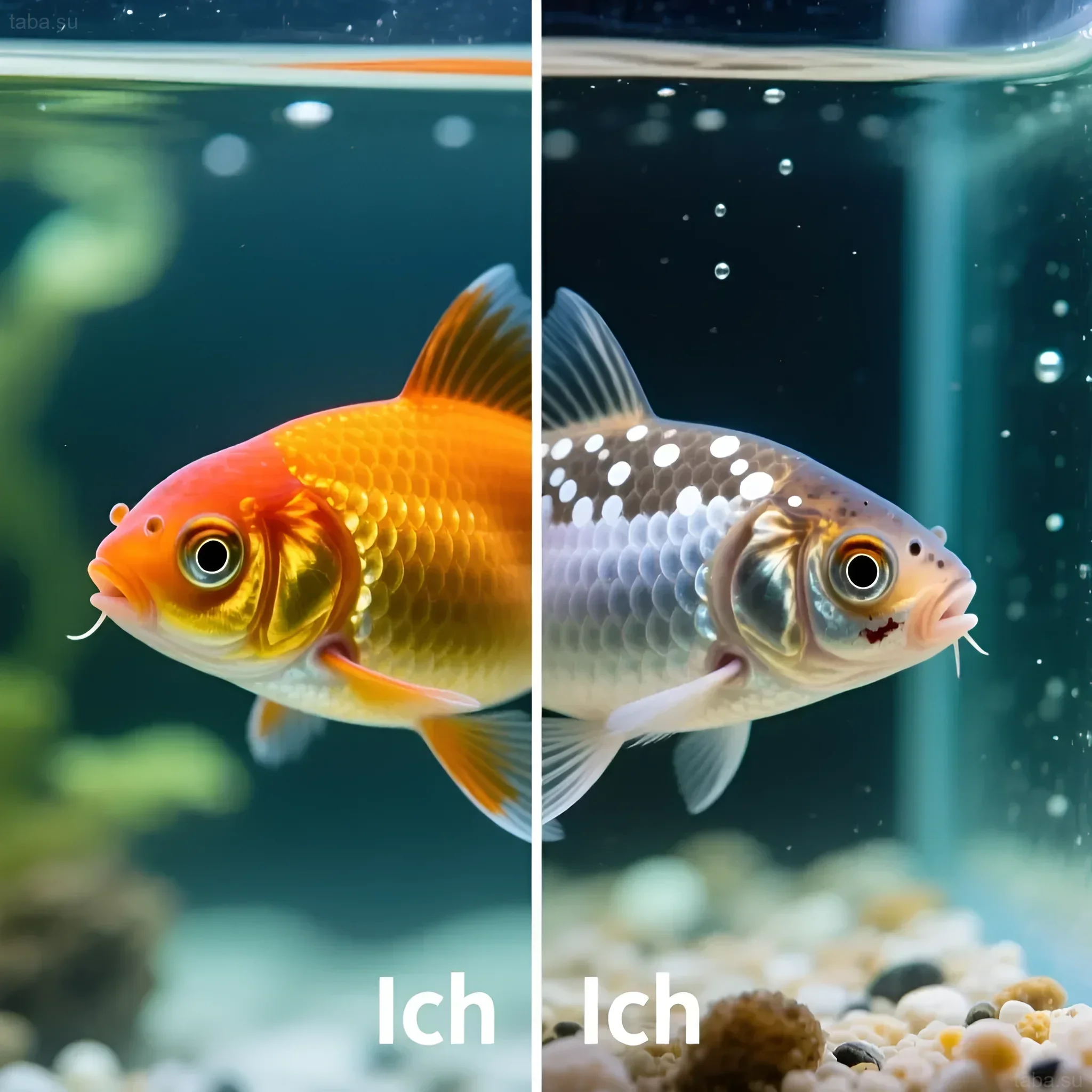 Comparison of a healthy and sick guppy with Ichthyophthirius (white spot disease). Symptoms and signs of aquarium fish diseases.