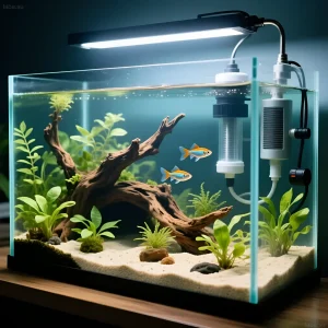 Фотография небольшого аквариума с гуппи, корягой, живыми растениями и современным оборудованием для фильтрации и освещения. Идеально для начинающих.