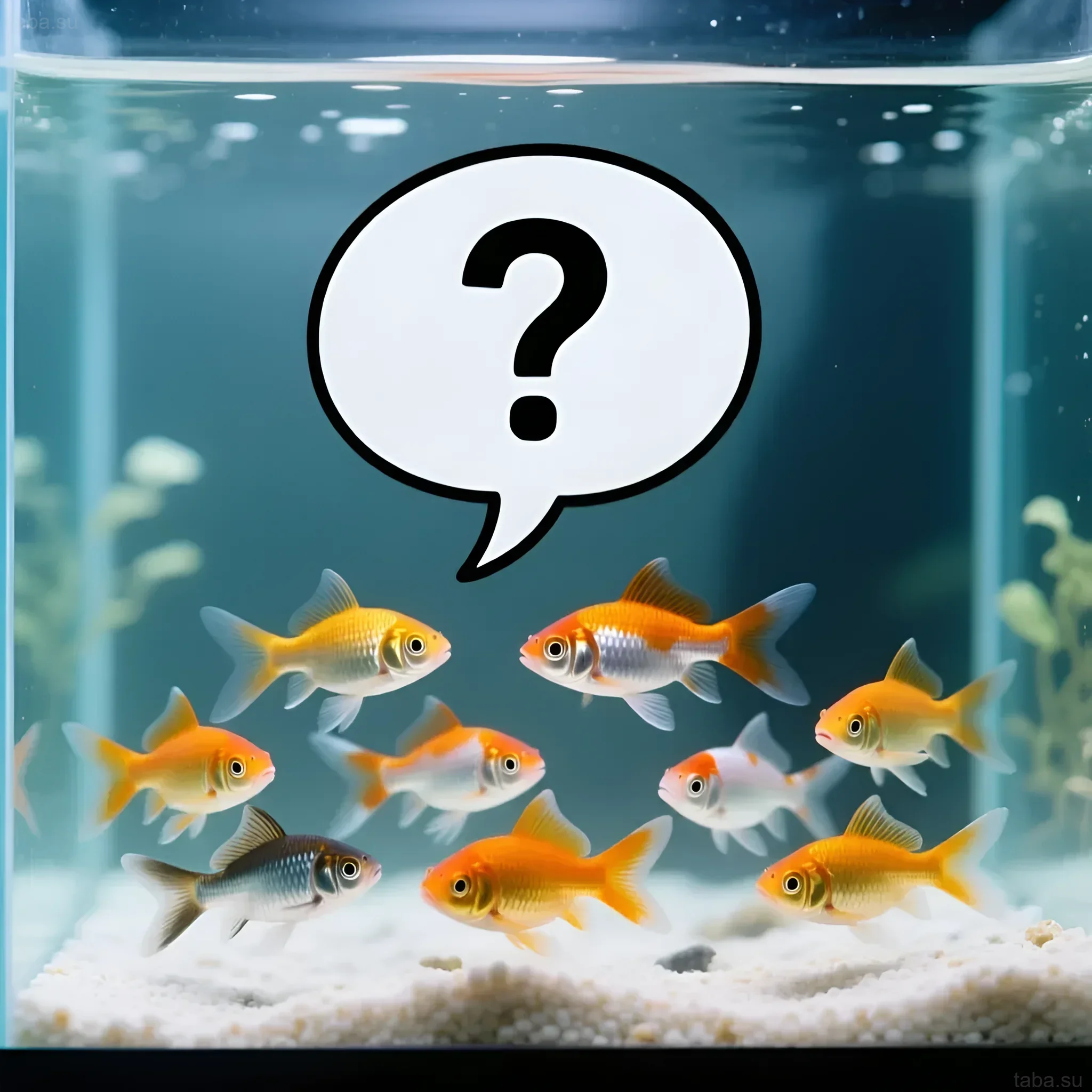 A school of bright guppies in an aquarium with a question mark. Illustration for an article on guppy care and maintenance.