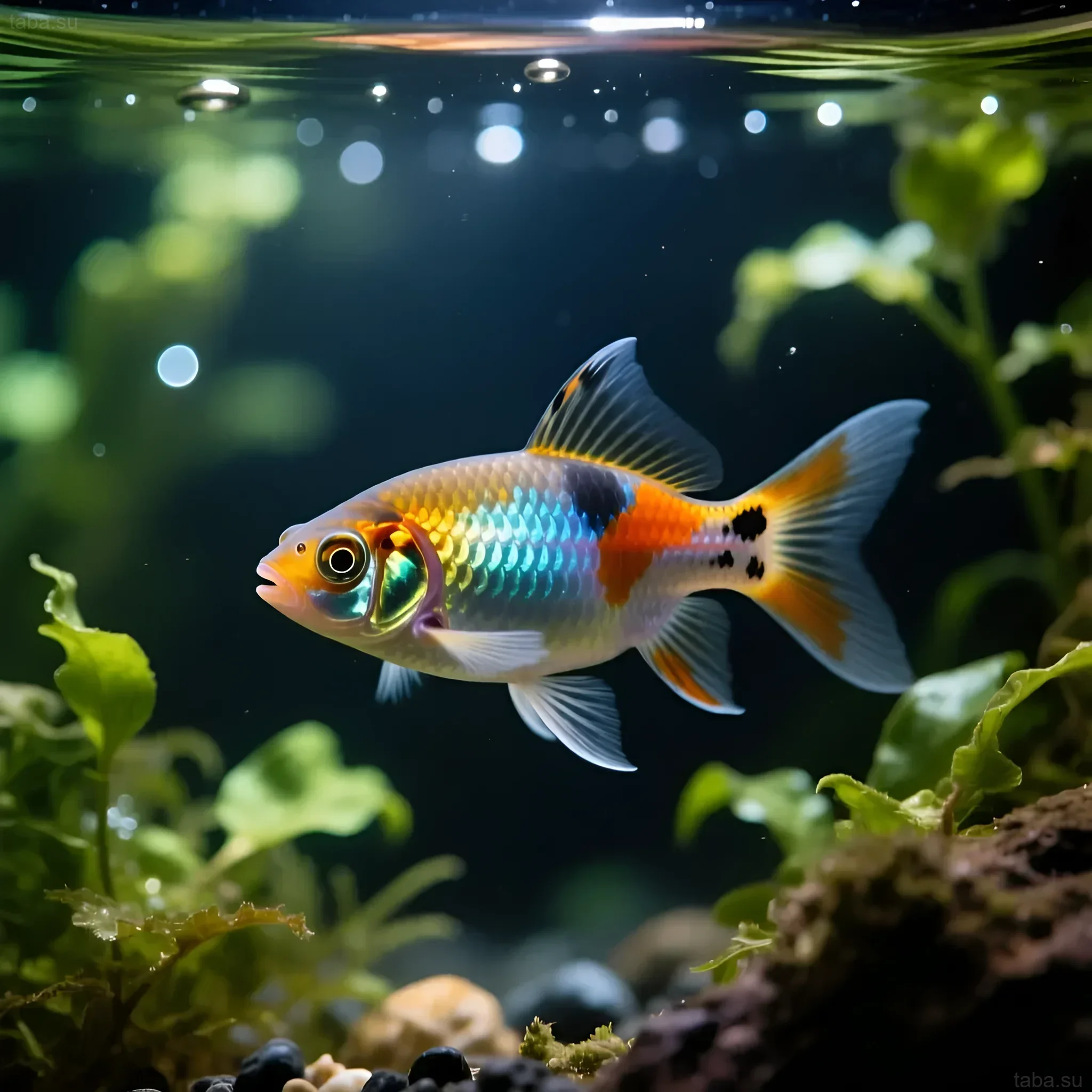 Photograph of a guppy with unusual coloration in an aquarium with live plants. Ideal image for an article on guppy care.