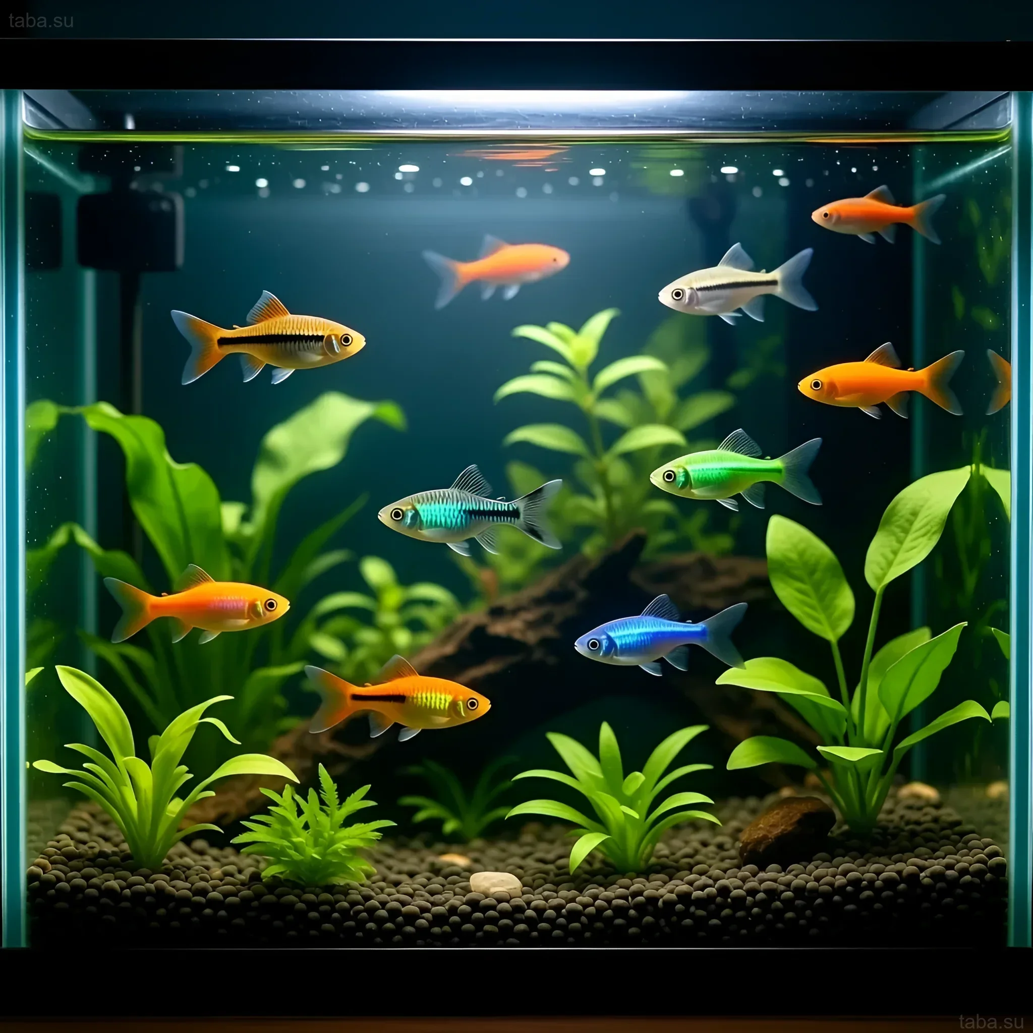 Photograph of an aquarium with guppies of various colors and small schooling fish. Ideal for beginner aquarists wanting to create a beautiful biotope.