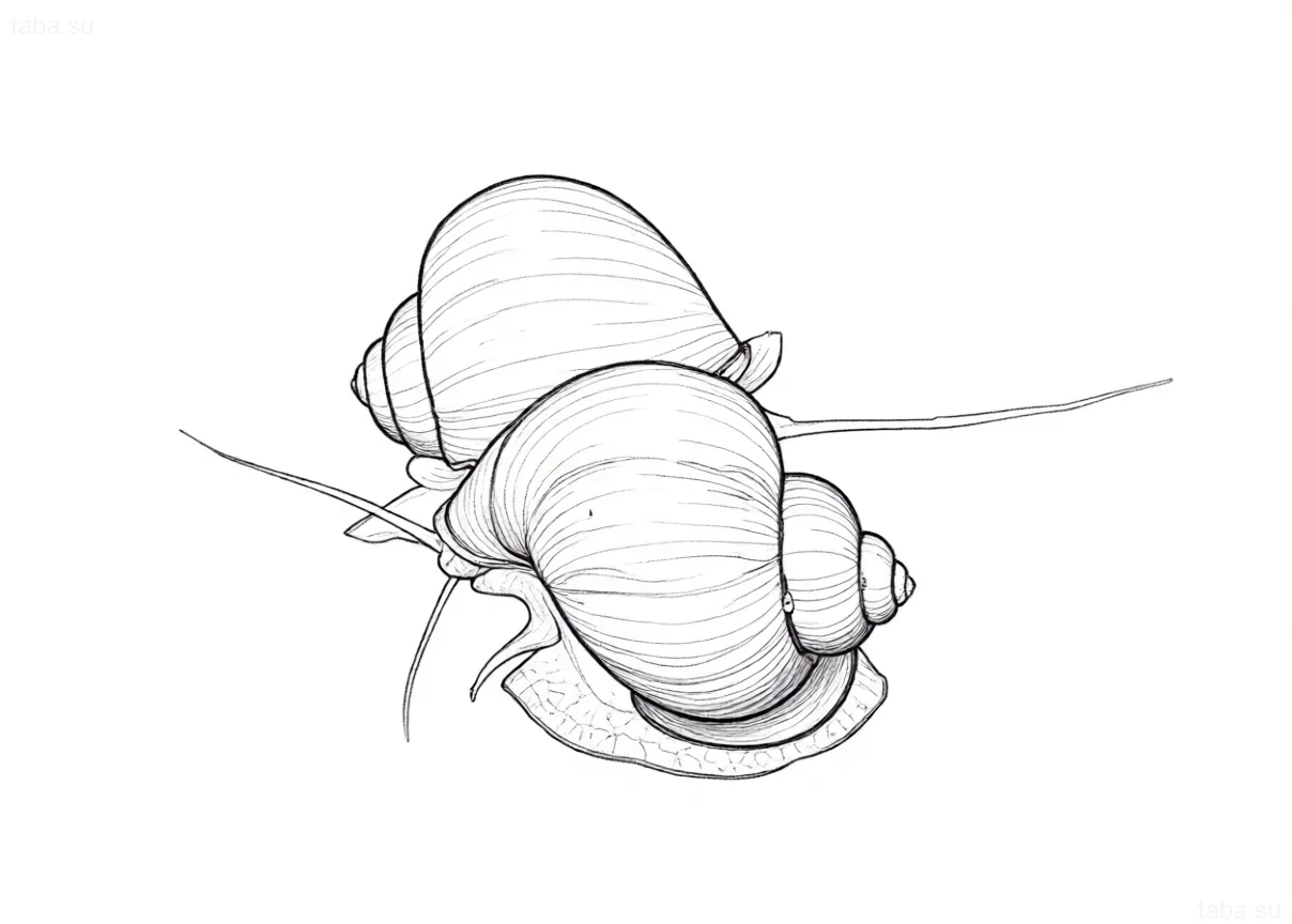 رسم خطي واضح لأمبولاريا، رسم تخطيطي مثالي للوشم. تظهر الصورة صدفة حلزونية مفصلة وأنسجة رخوة للقوقعة.