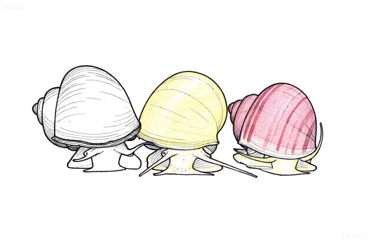 رسم توضيحي لثلاث قواقع أمبولاريا بألوان مختلفة: بيضاء، صفراء، ووردية. رسم تخطيطي للوشم، مع التركيز على أصداف القواقع.