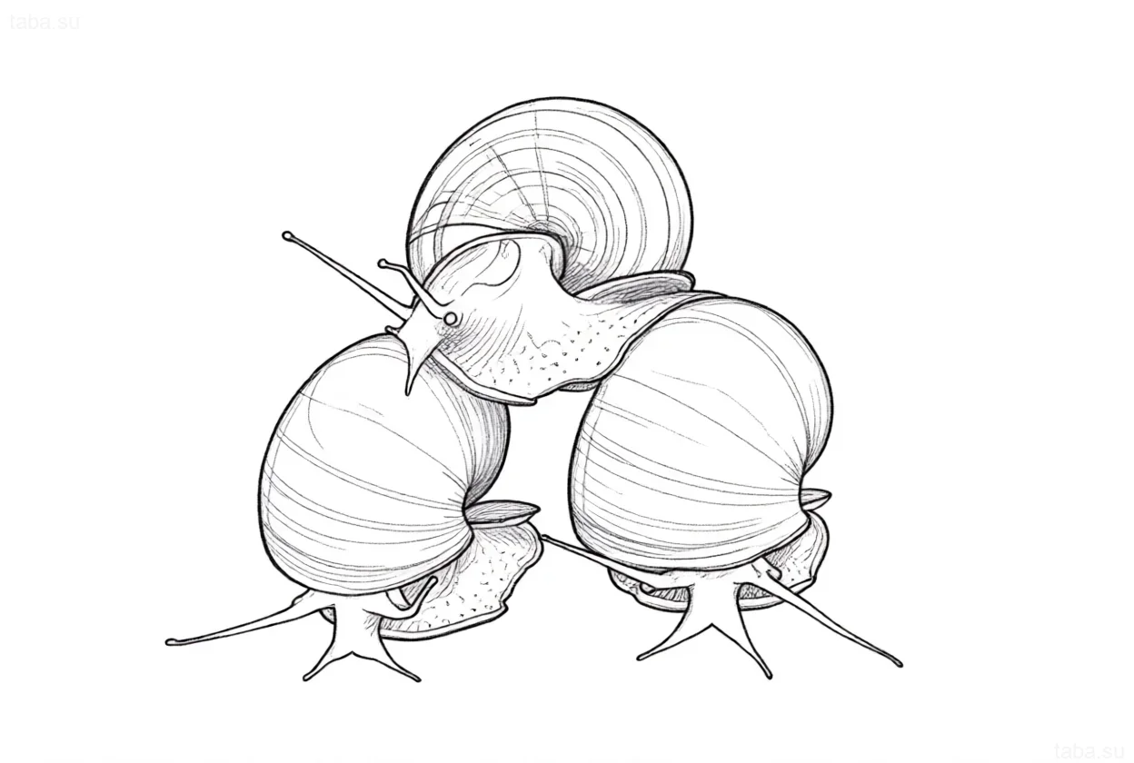 رسم تخطيطي مفصل لقواقع أمبولاريا للوشم، يظهر نسيج الأصداف وتشريح القواقع. مثالي لمحبي تربية الأحياء المائية.