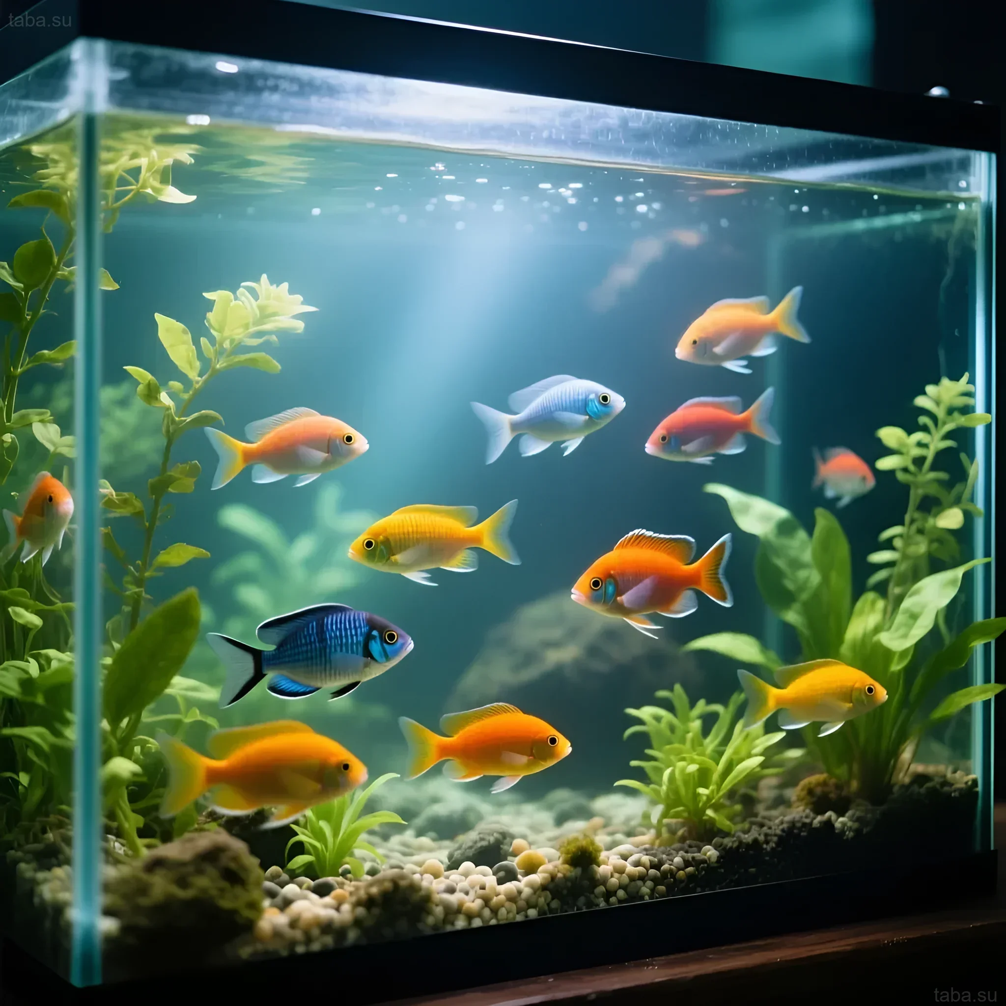 Фотография красочного аквариума с оранжевыми барбусами, голубыми расборами и зелёными растениями. Идеально для вдохновения начинающих аквариумистов.
