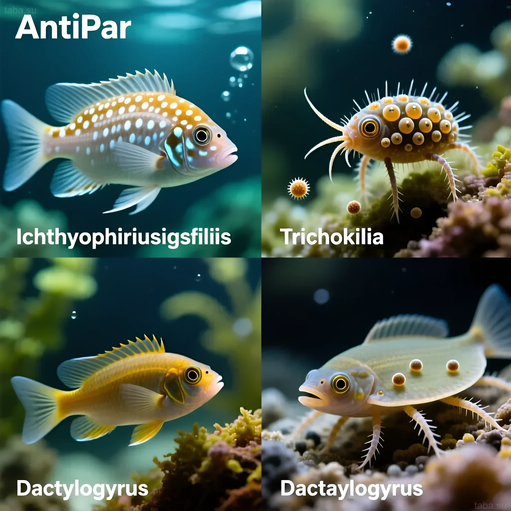 Illustration of fish infected with parasites: Ichthyophthirius, Trichodina, Dactylogyrus. Effective treatment of aquarium fish with Antipar.