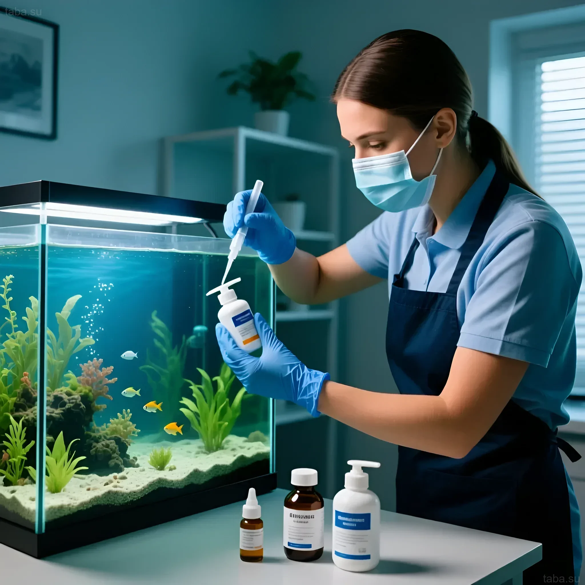 Photograph of the process of treating fish in an aquarium using a pipette and medicinal solutions. Safety and dosage accuracy.