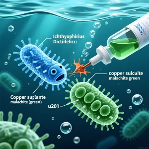 Иллюстрация действия препарата Антипар (синька и малахитка) против паразита Ichthyophthirius Dictiifelici, вызывающего ихтик. Эффективное лечение рыб.