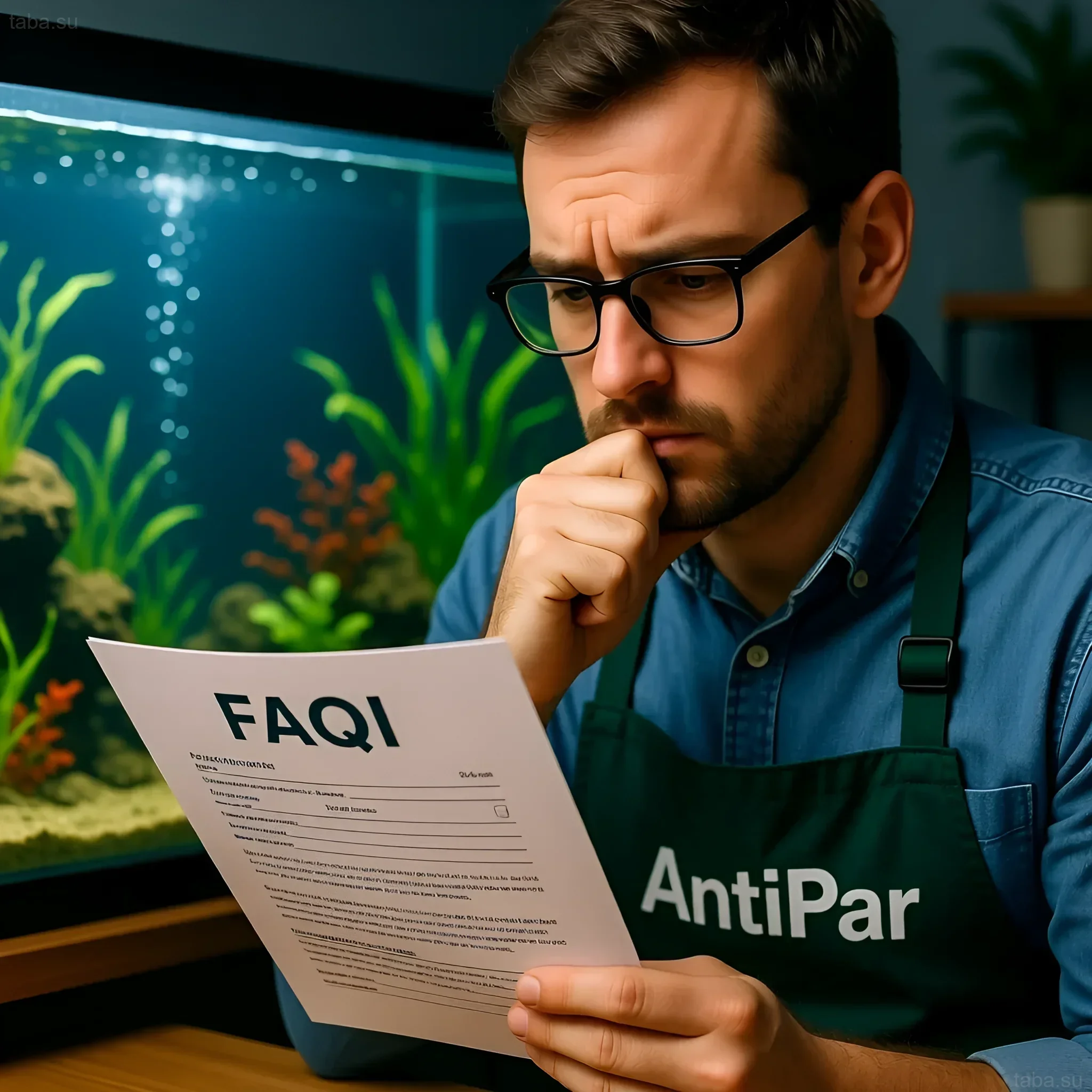 Photograph of an aquarium with dense vegetation and fish, next to information about the parasite remedy Antipar. Aquarist consultation.