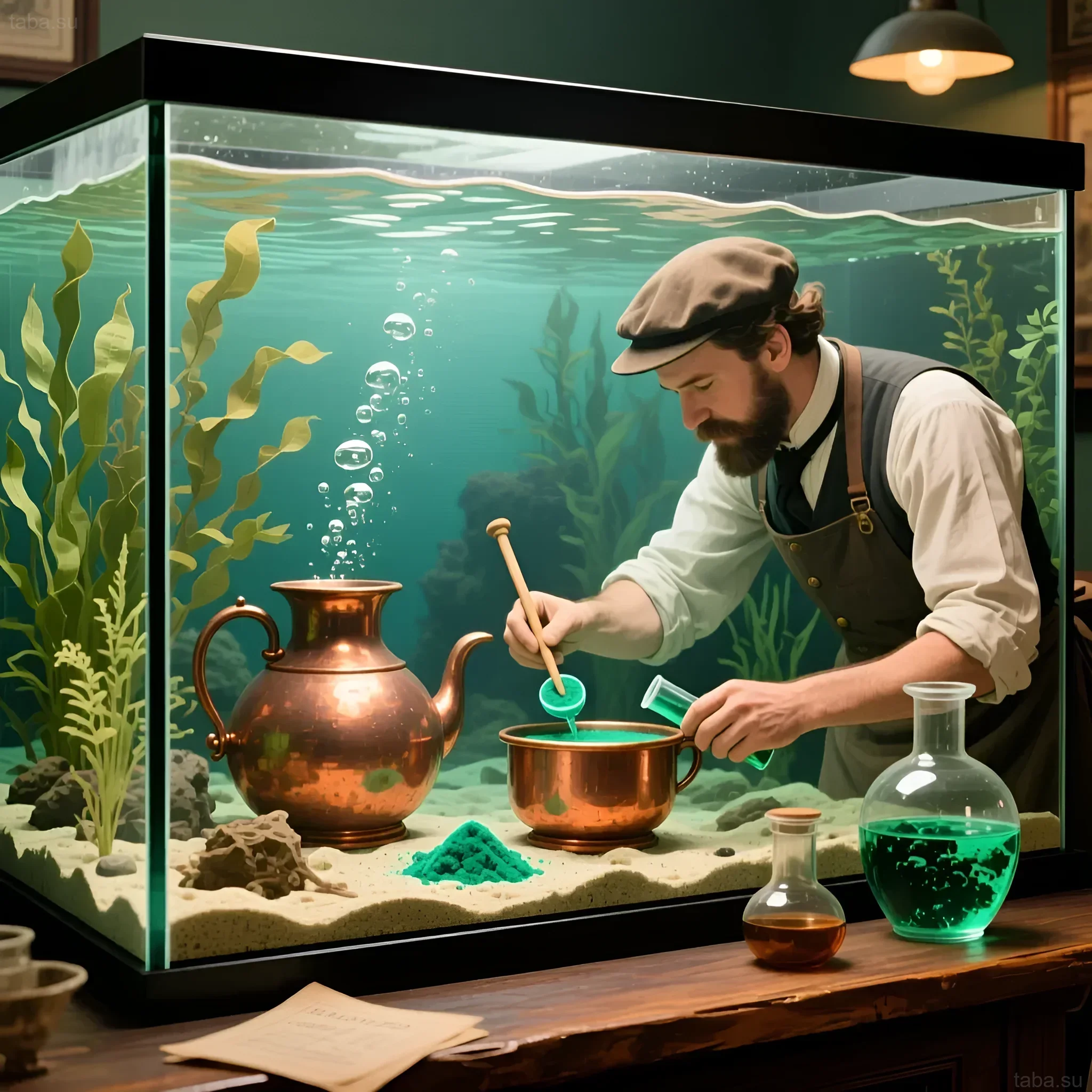 Illustration of an aquarium with a person preparing a parasite remedy. Retro style, plants, medical instruments, and green liquid.