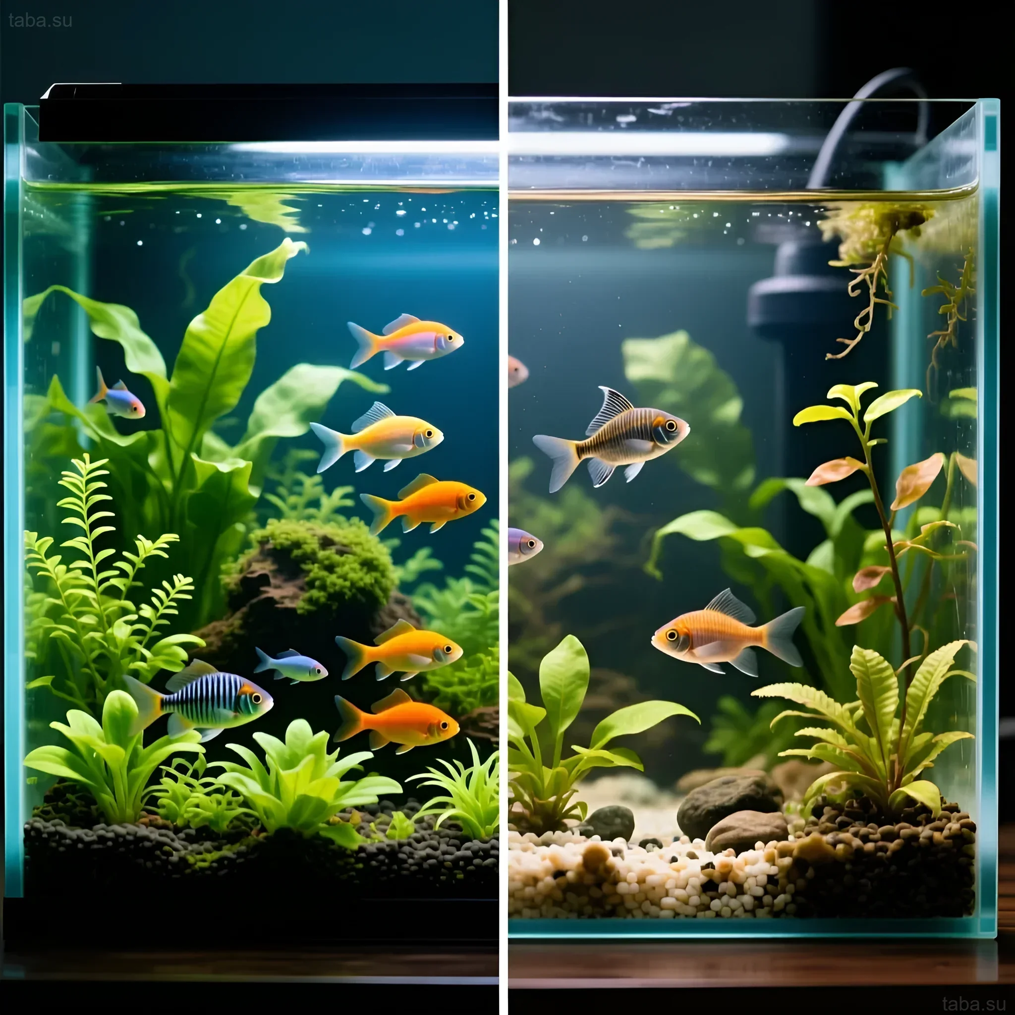 Illustration of an aquarium with neon tetras, showing the difference in color and behavior of healthy and infected fish. Suitable for an article on parasite treatment.