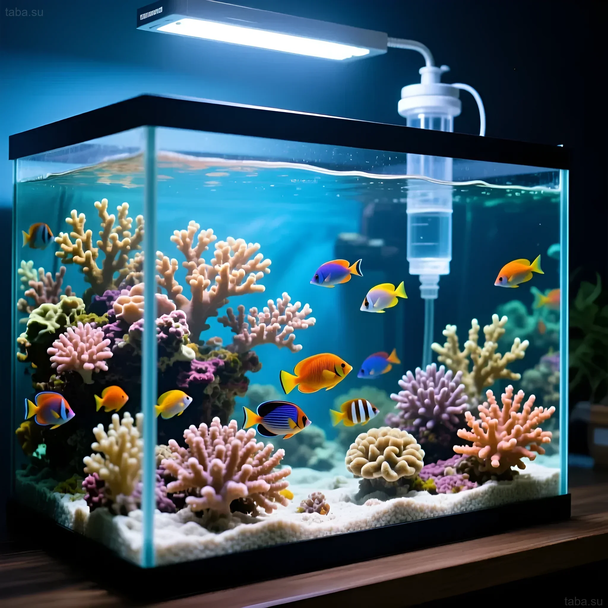 Фотография морского аквариума с яркими кораллами и стайкой тропических рыб. Идеальный пример морской экосистемы в домашних условиях.
