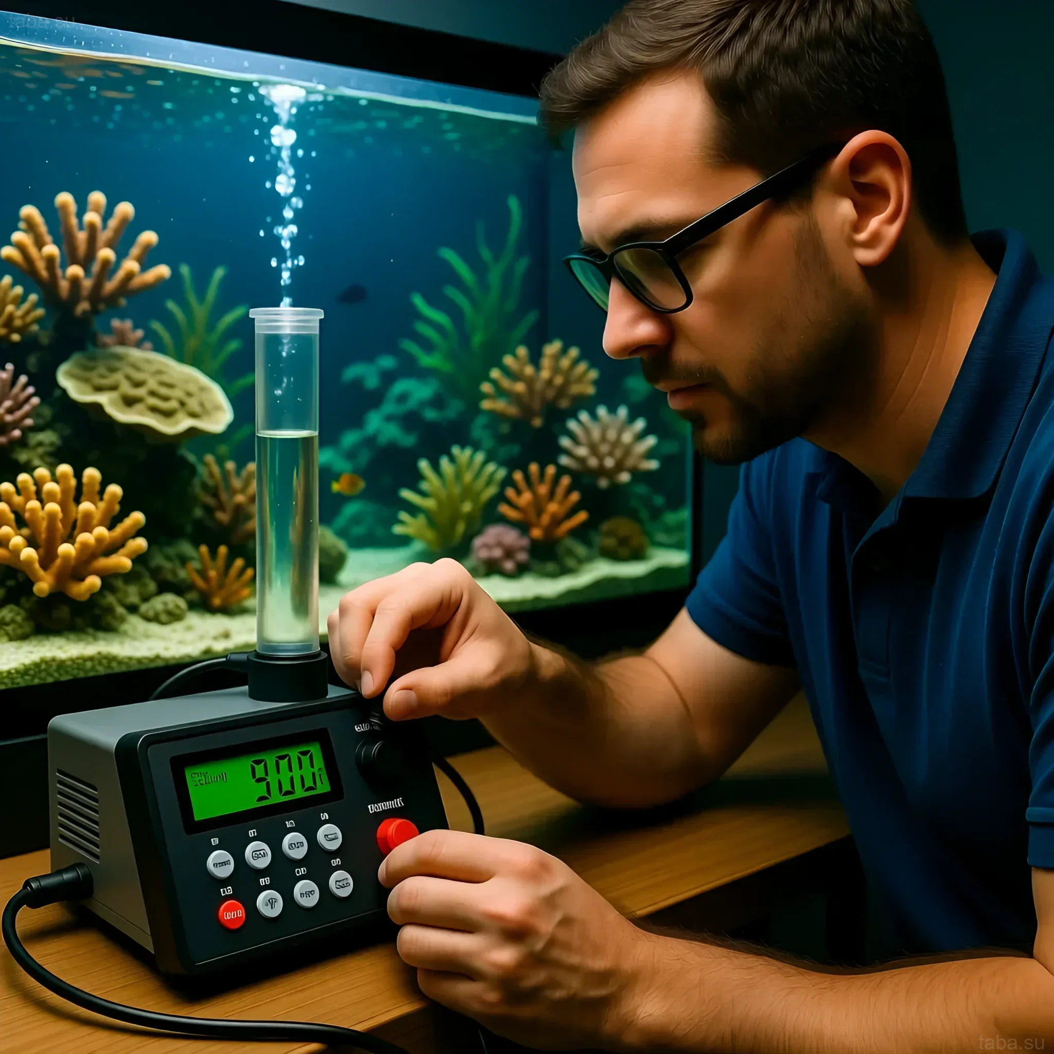 Фотография процесса настройки системы автодолива для морского аквариума с кораллами. Контроль солености и поддержание оптимальных параметров.