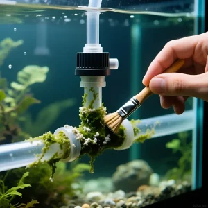 Фотография демонстрирует чистку механизма автодолива в аквариуме от водорослей. Подробный обзор проблемы обрастания и ухода.