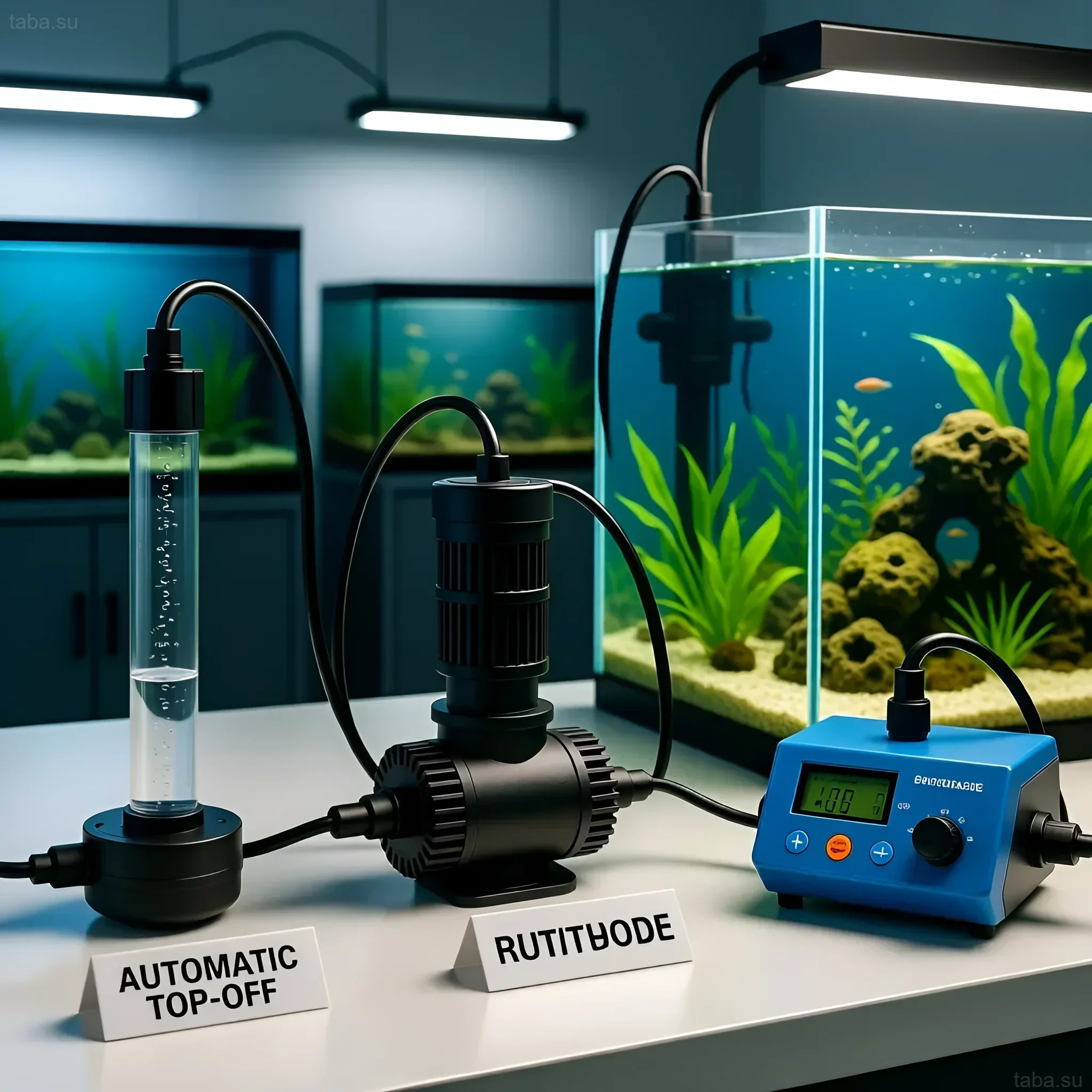 Изображение системы автоматического долива воды в морском аквариуме. Поддержание стабильной солености и уровня воды.