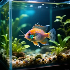 Фотография аквариума с рыбой-какаду, кораллы и живые камни. Идеальный пример морского аквариума для начинающих.