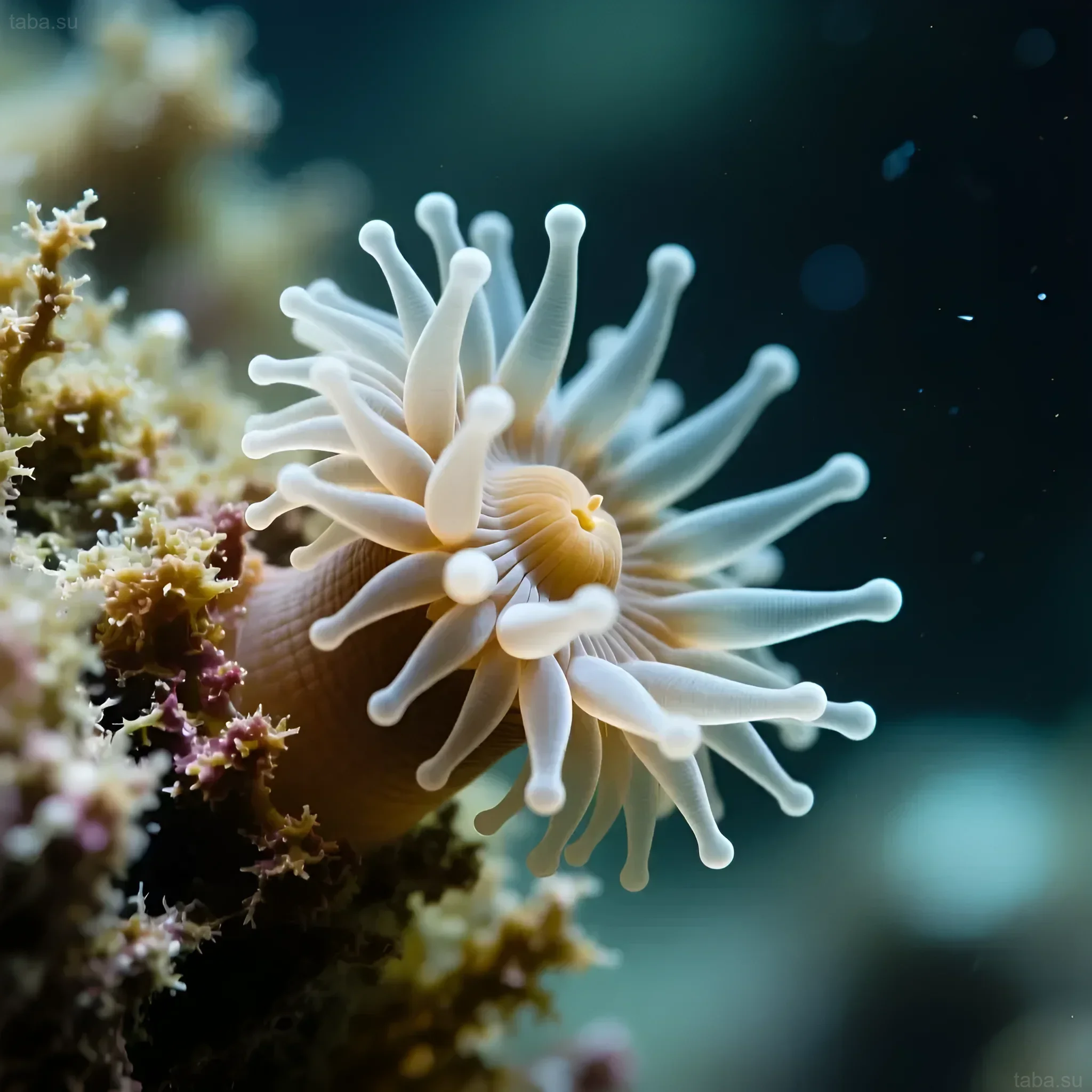 Photograph of Aiptasia, a parasitic marine anemone, on a coral reef. Illustration of the problem of Aiptasia growth and the need for its removal.