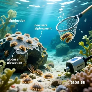 Изображение демонстрирует процесс удаления айптазии из морского аквариума с использованием сачка и специального устройства для точечной обработки.