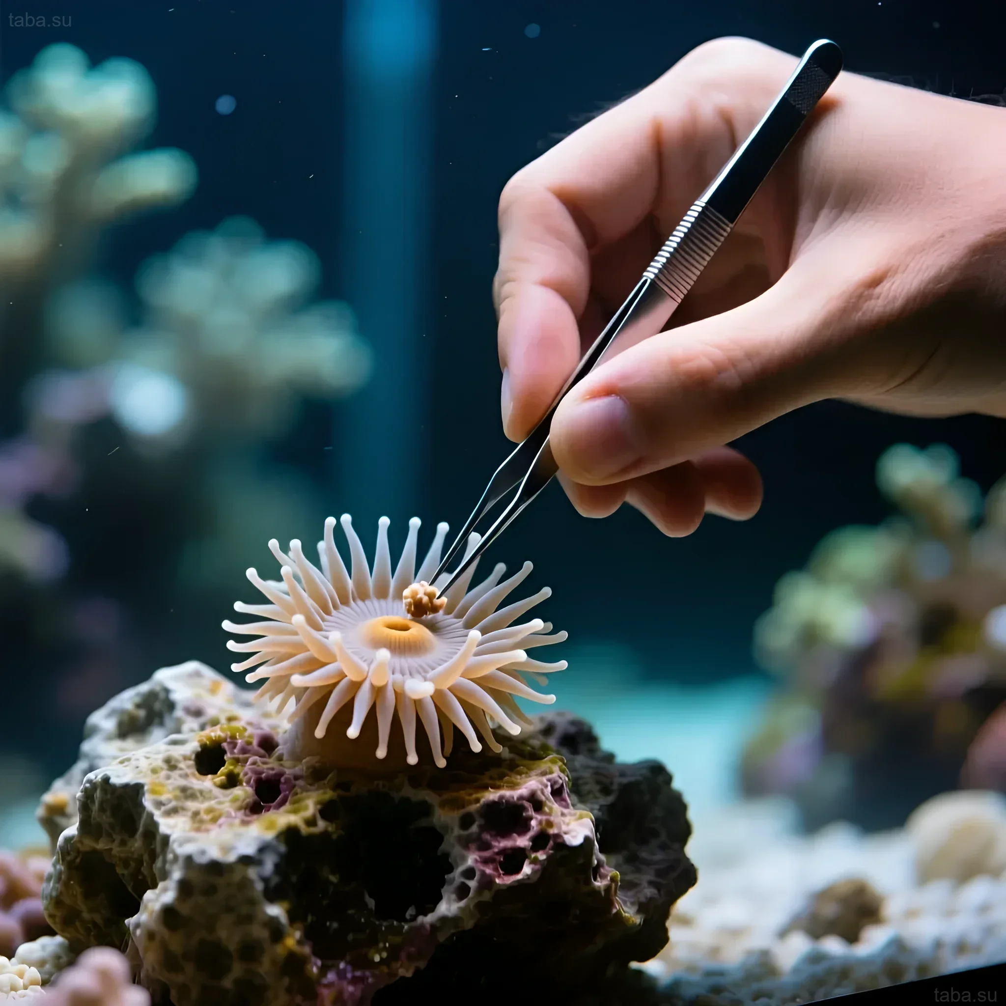 Photograph demonstrating the removal of Aiptasia with tweezers from a marine aquarium. An effective method for combating the harmful polyp while preserving the ecosystem.