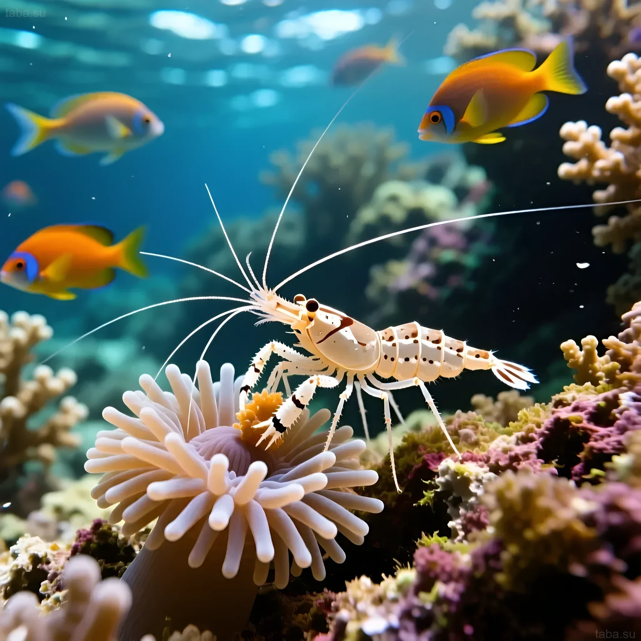 Photograph of a Wurdemann's shrimp eating Aiptasia against a backdrop of corals and fish in a marine aquarium. Biological weed control.