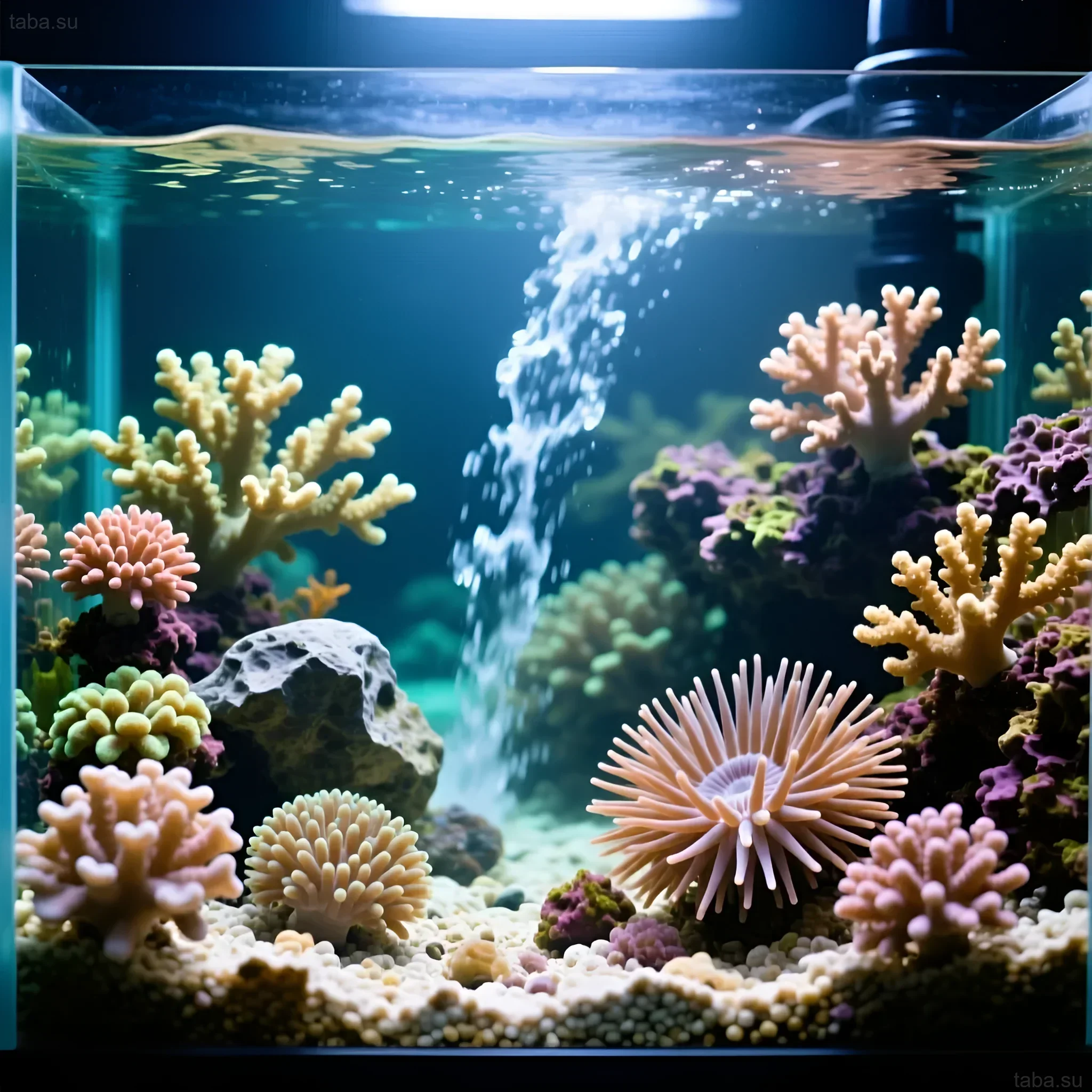 Photograph of a marine aquarium with coral reefs and Aiptasia. Illustration for an article on the prevention and control of this weed.