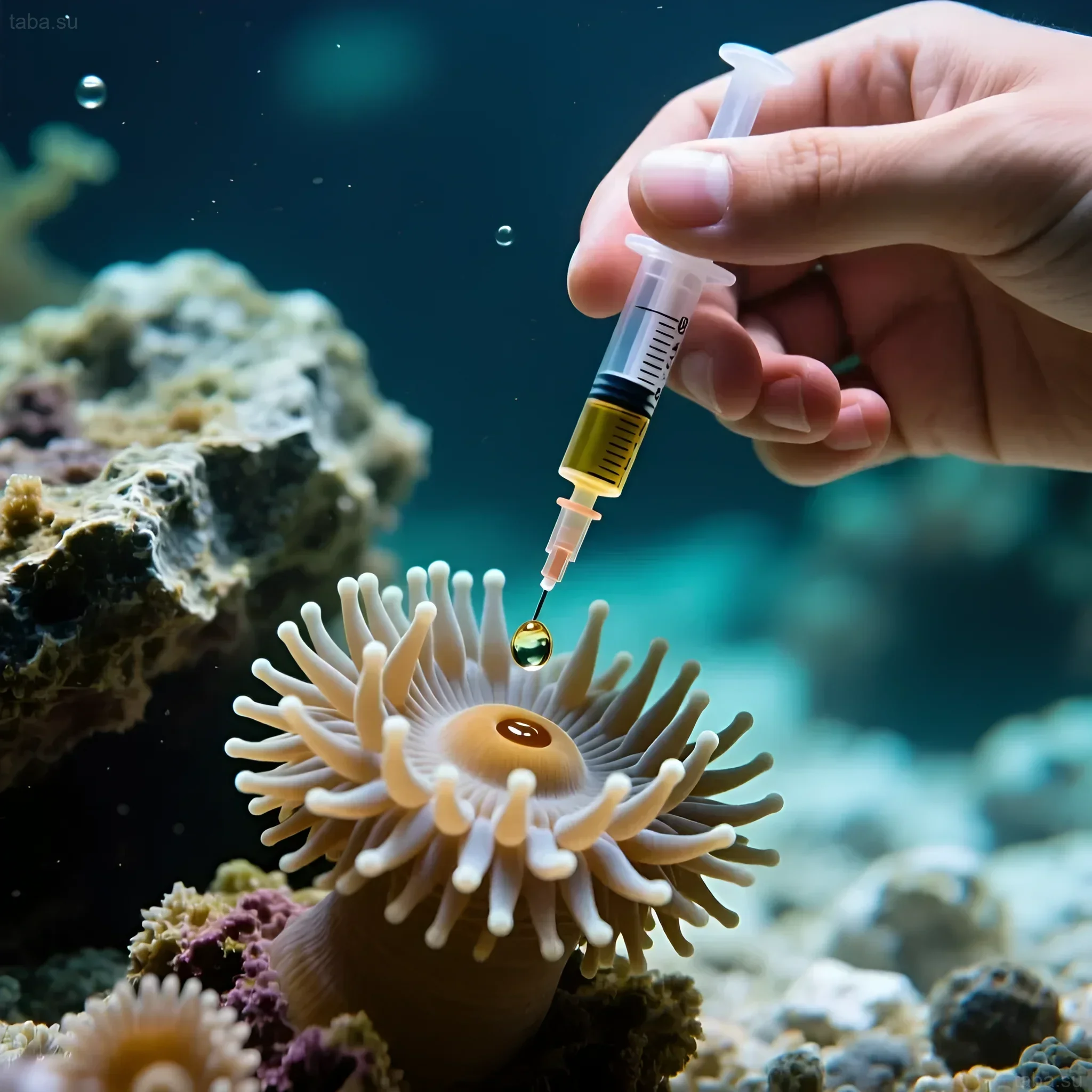 Photograph demonstrating the spot eradication of Aiptasia in a marine aquarium using a syringe. An effective method for combating unwanted anemones.